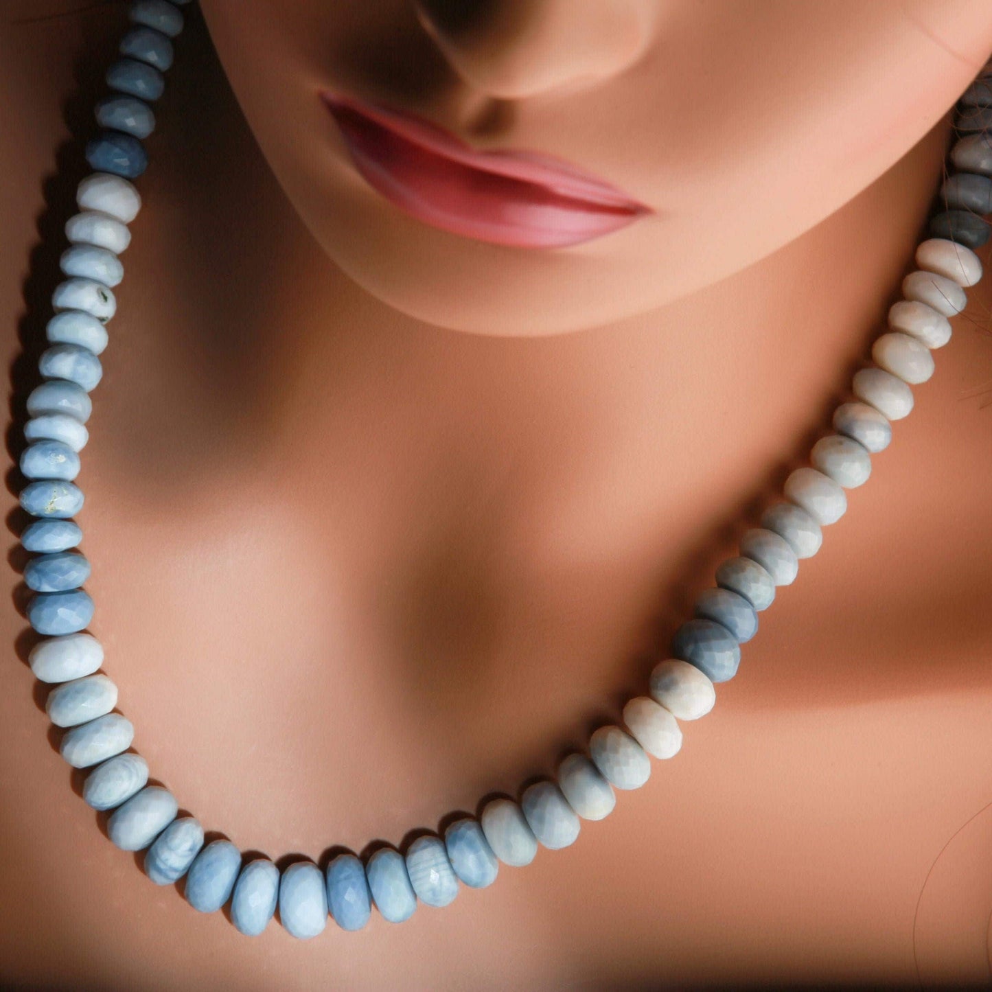 Genuine Blue Peruvian Opal , Blue Andean Opal, boulder opal 18" Faceted Graduated large 7-11.5mm roundel Necklace with 2" Ext