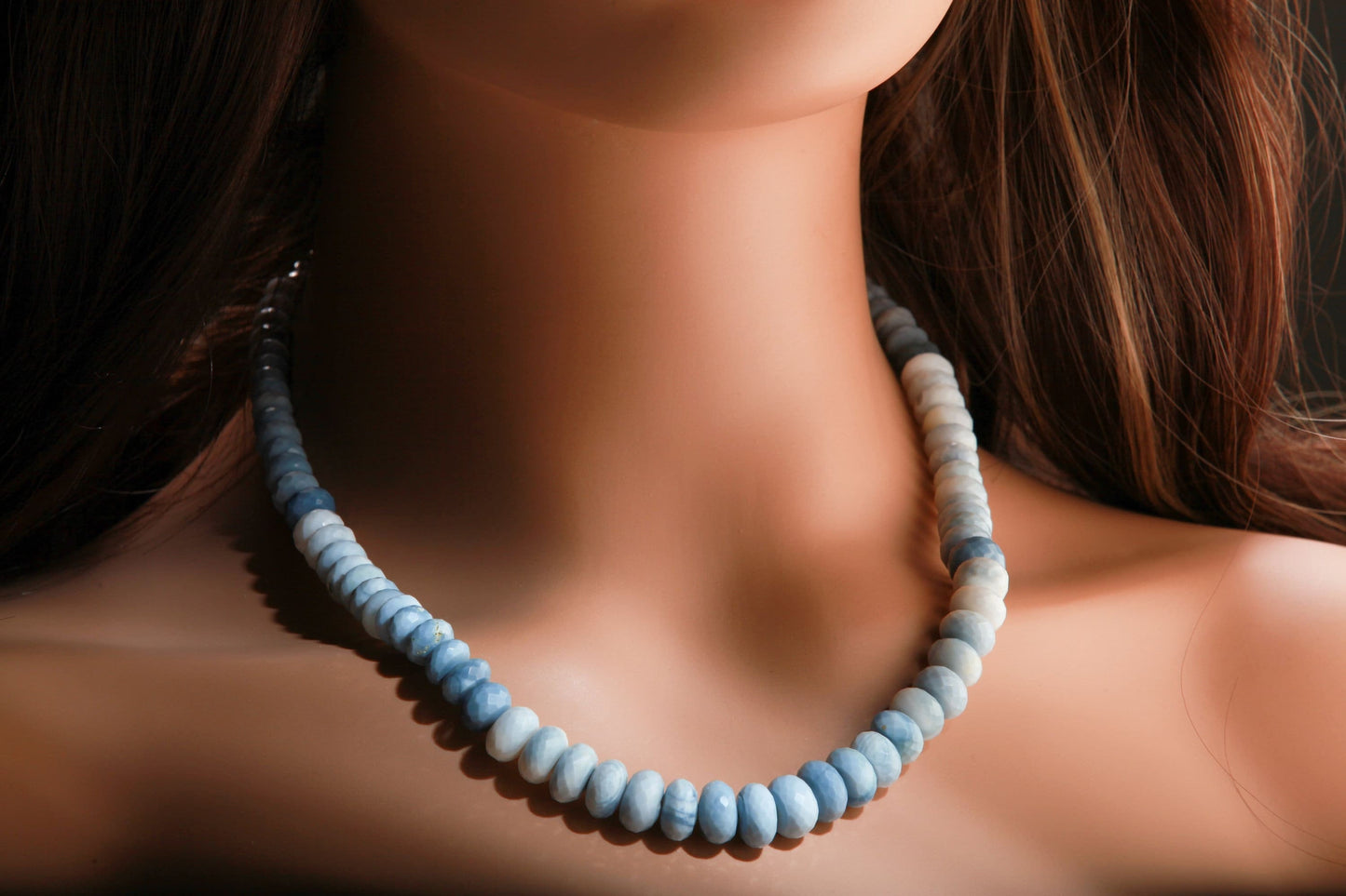 Genuine Blue Peruvian Opal , Blue Andean Opal, boulder opal 18" Faceted Graduated large 7-11.5mm roundel Necklace with 2" Ext