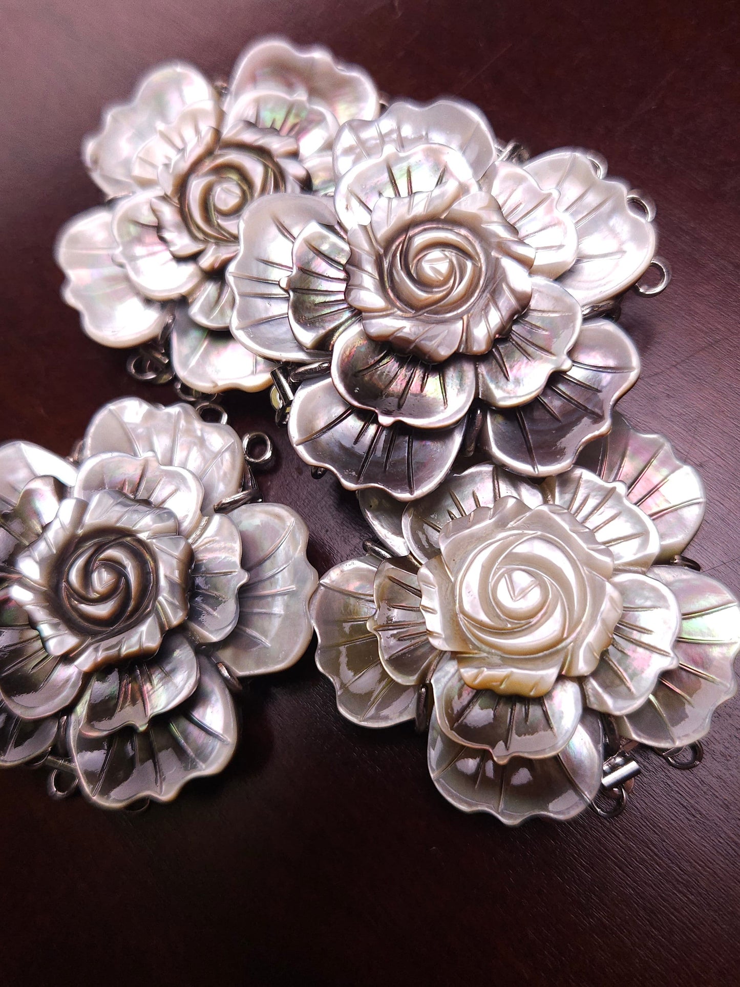 Hand Carved Black Lip Mother of Pearl Clasp, MOP 3 Loop Fancy Flower 43mm Large Clasp, Jewelry Making Rhodium 3 line vintage Clasp
