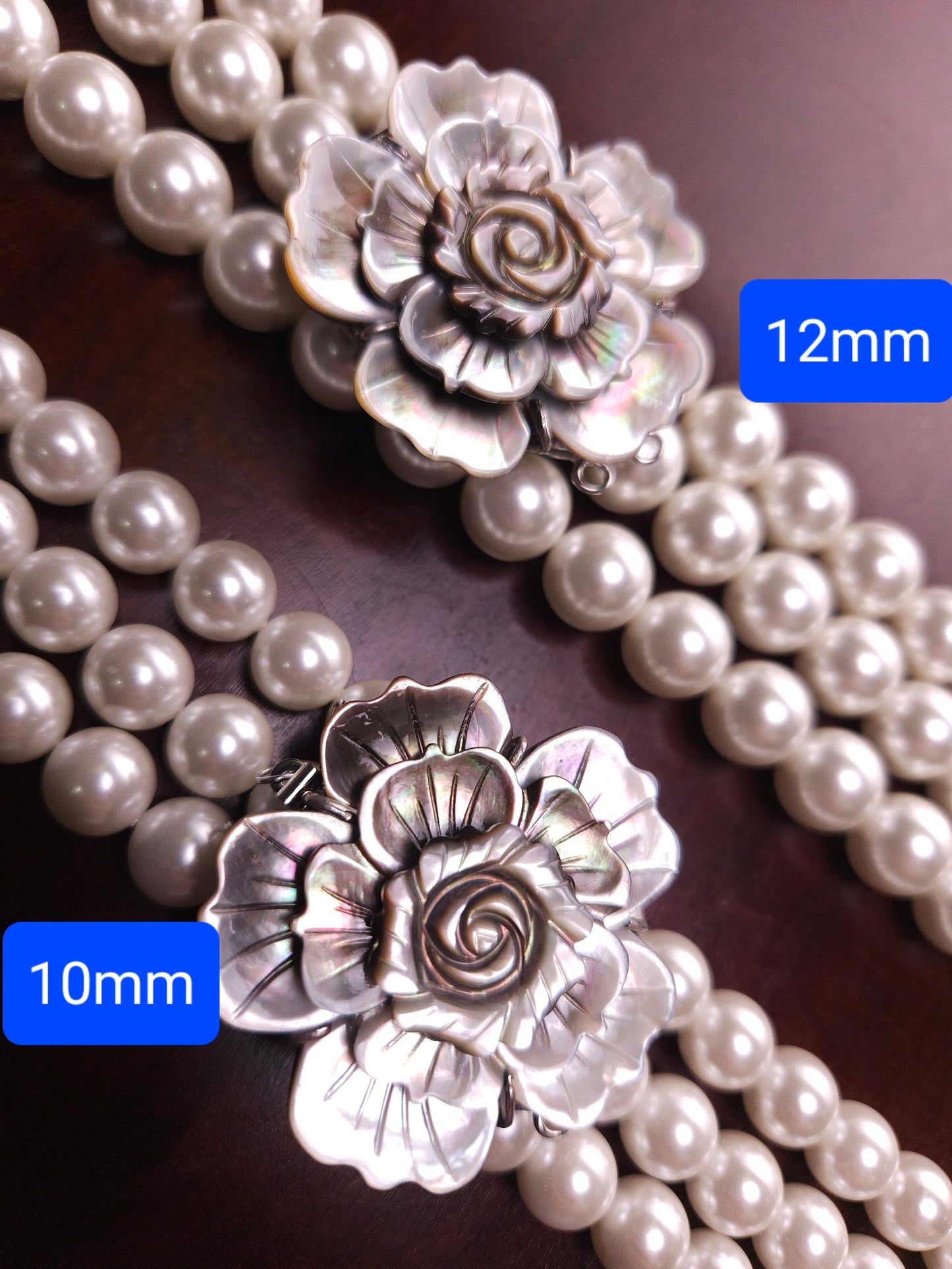 Hand Carved Black Lip Mother of Pearl Clasp, MOP 3 Loop Fancy Flower 43mm Large Clasp, Jewelry Making Rhodium 3 line vintage Clasp