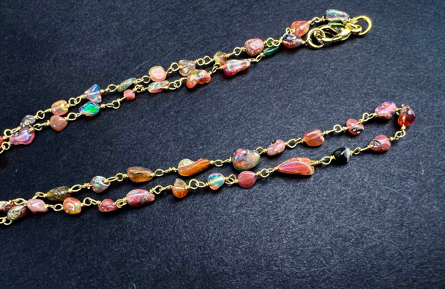 Genuine Ethiopian Fire opal welo opal wire wrapped handmade chain in 22k gold vermeil .