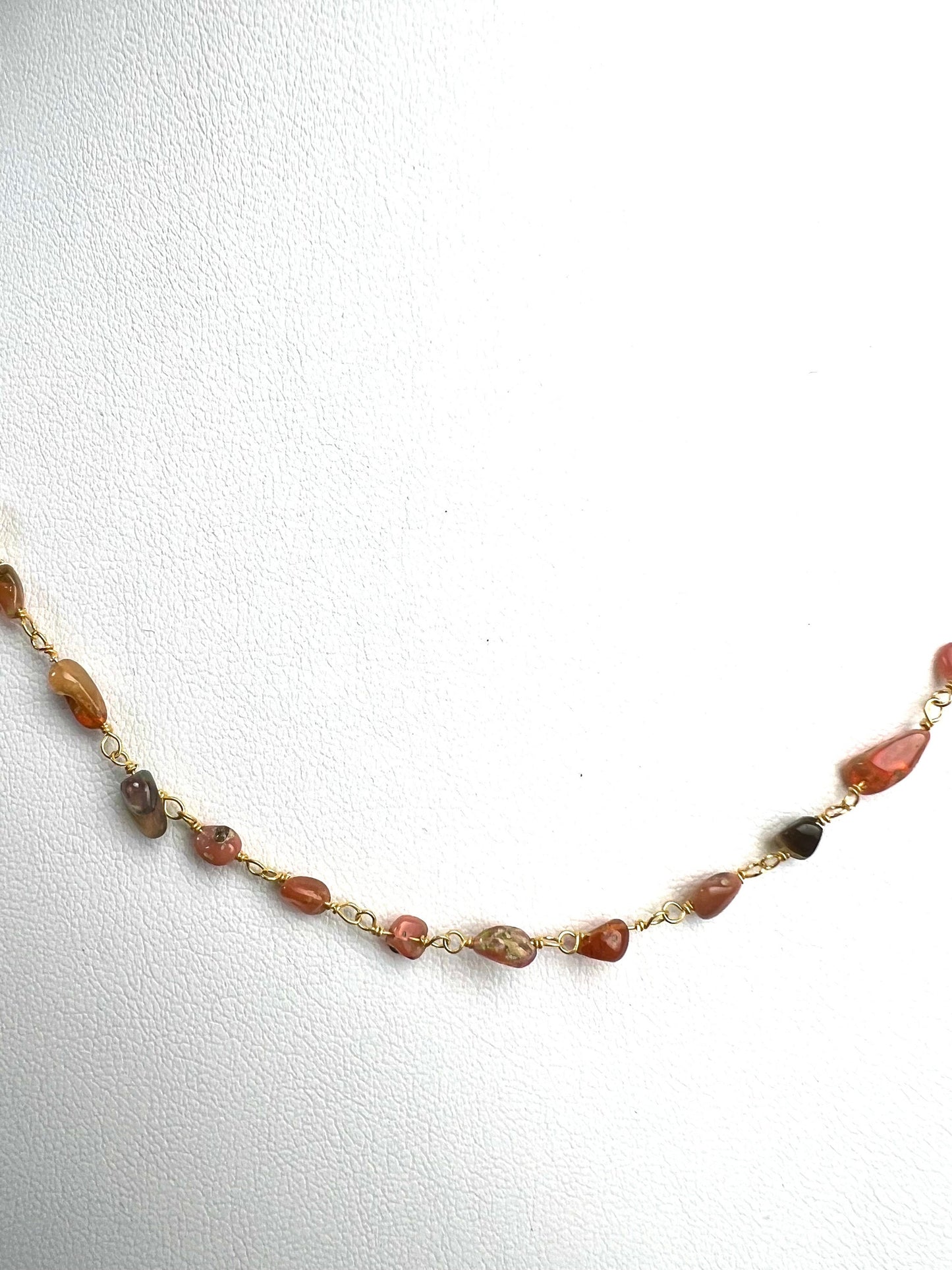 Genuine Ethiopian Fire opal welo opal wire wrapped handmade chain in 22k gold vermeil .