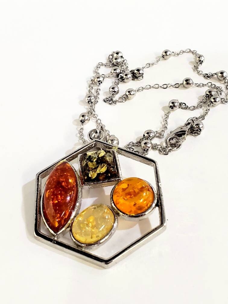 Honey yellow and green resin amber rhodium silver large pendant and rhodium silver 20" ball cable chain , vintage women gift for her.