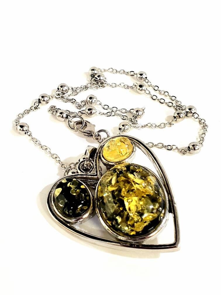 Honey yellow and green resin amber rhodium silver large pendant and rhodium silver 20" ball cable chain , vintage women gift for her.
