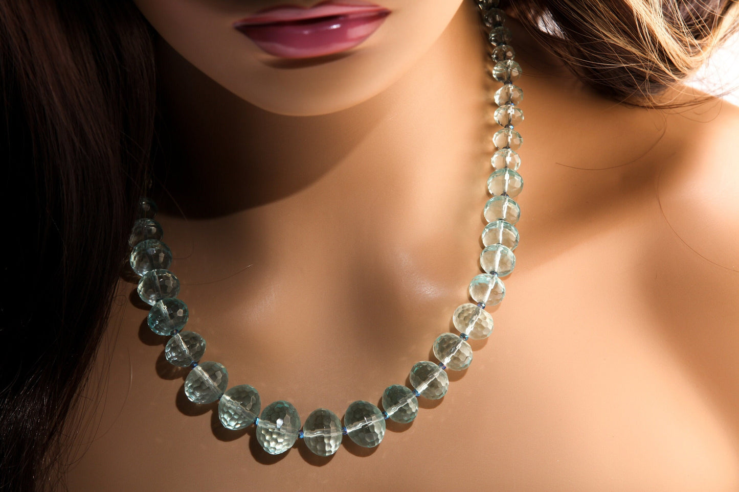 Aqua Quartz Faceted Graduated Rondelle 20.5" Necklace, silver Toggle Clasp, Gift for her