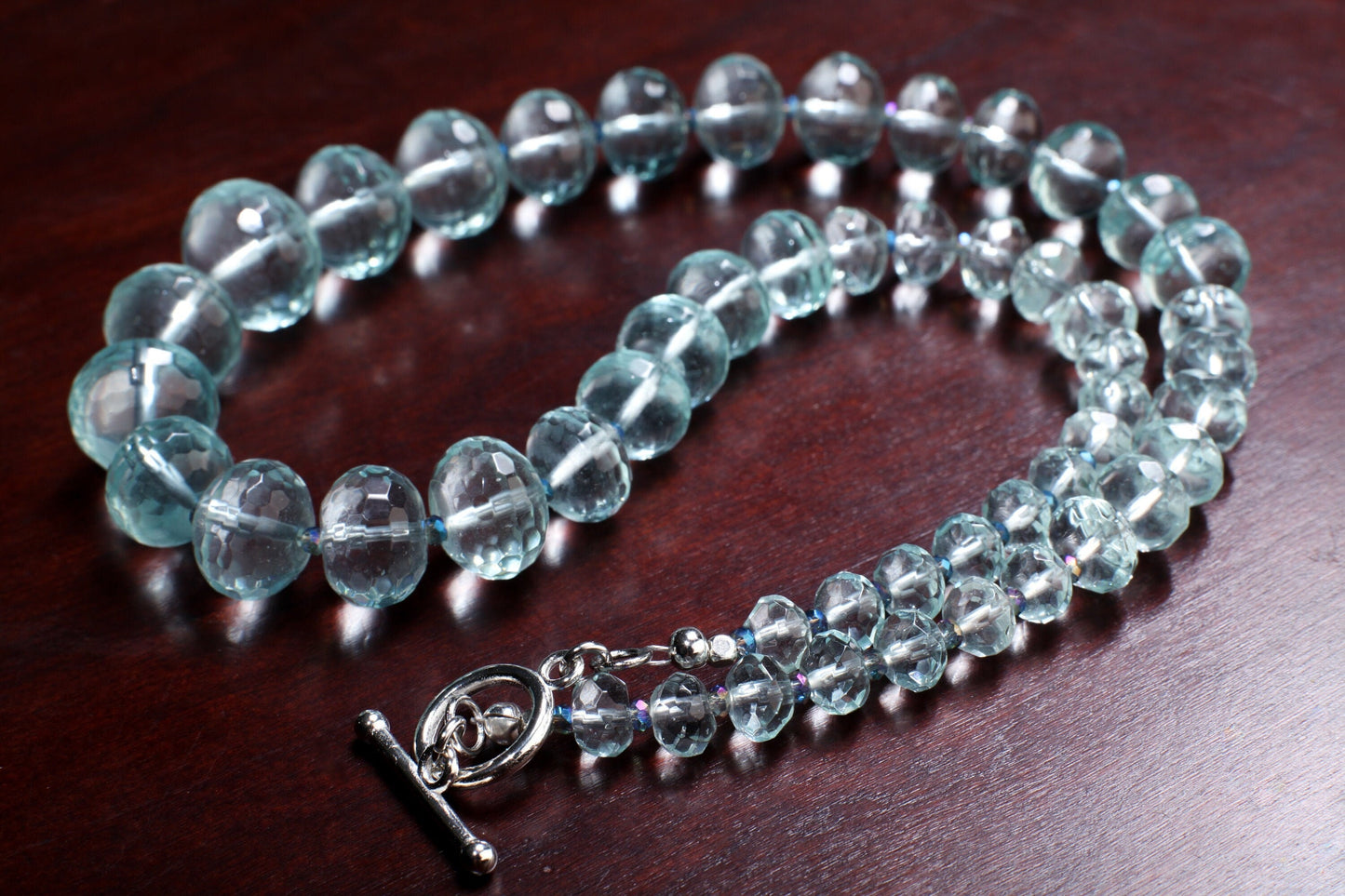 Aqua Quartz Faceted Graduated Rondelle 20.5" Necklace, silver Toggle Clasp, Gift for her