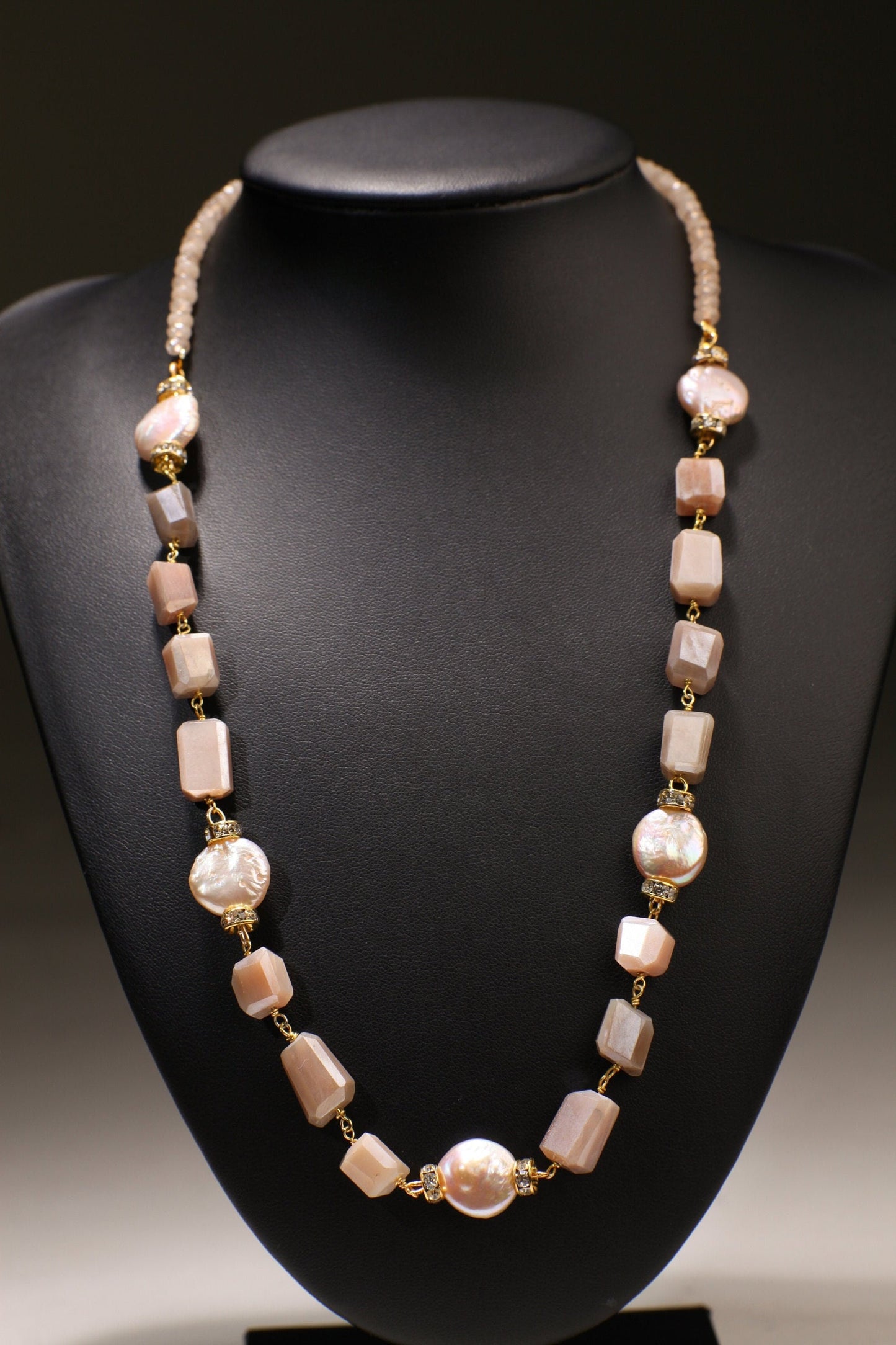 8x10mm Faceted Peach Moonstone Nugget Wire Wrapped with 12mm Freshwater Pearl Coin shape Necklace 20"