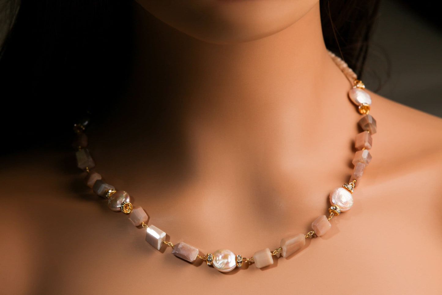 8x10mm Faceted Peach Moonstone Nugget Wire Wrapped with 12mm Freshwater Pearl Coin shape Necklace 20"