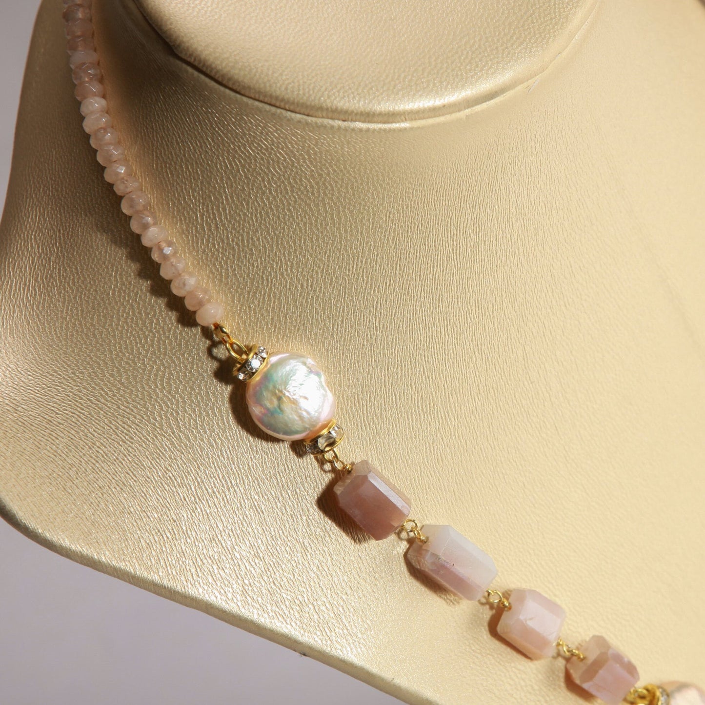8x10mm Faceted Peach Moonstone Nugget Wire Wrapped with 12mm Freshwater Pearl Coin shape Necklace 20"