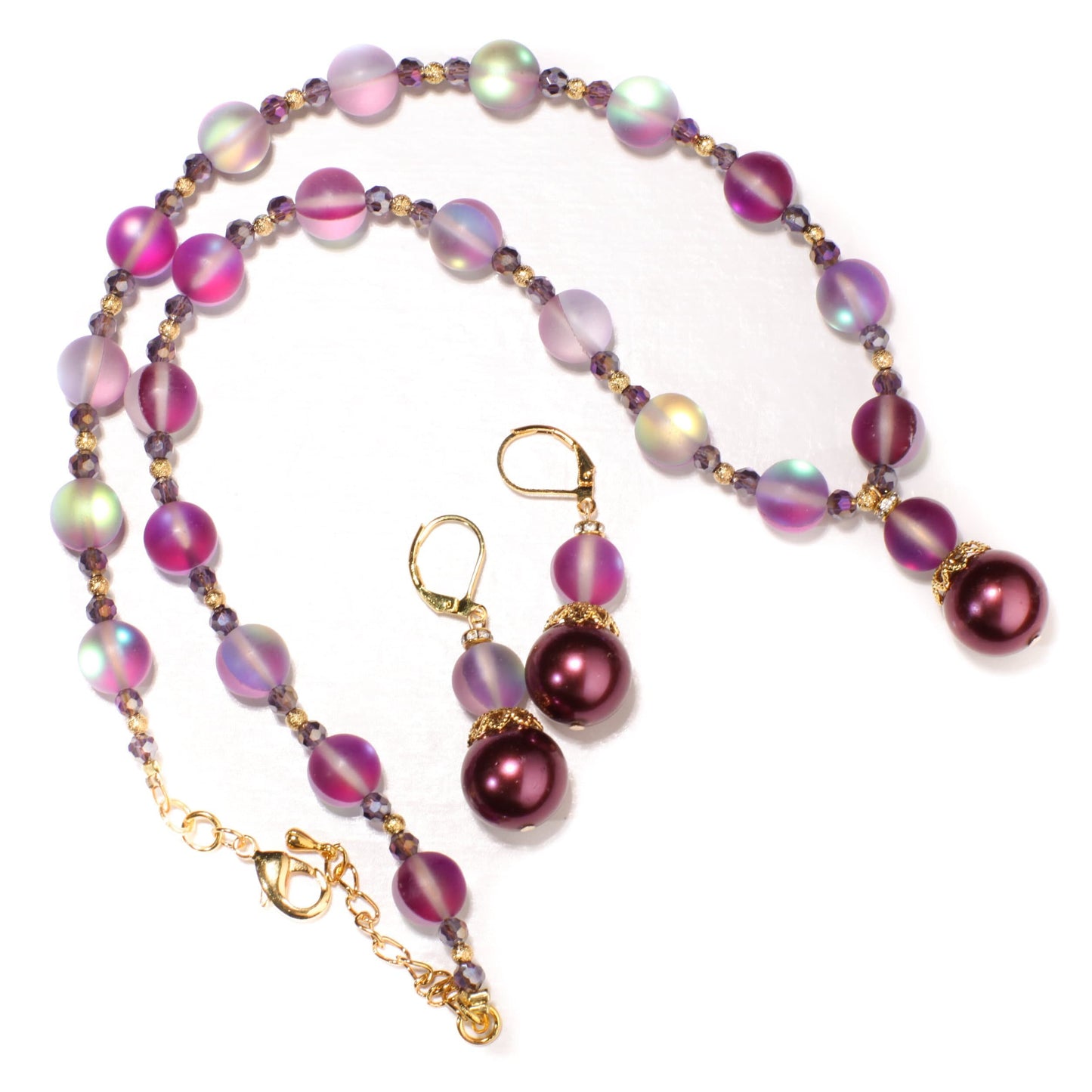 Matte Purple Sea Glass 10mm, South Sea Seashell Pearl, Matching Earrings Jewelry Set. 14mm Pearl Centerpiece 18" Necklace 2" Extension Chain