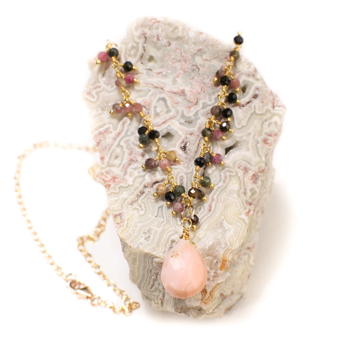 Pink Peruvian Wire Wrapped Opal Teardrop 10x14mm 14K Gold Filled Chain, Watermelon Tourmaline Cluster Chain 16" Necklace