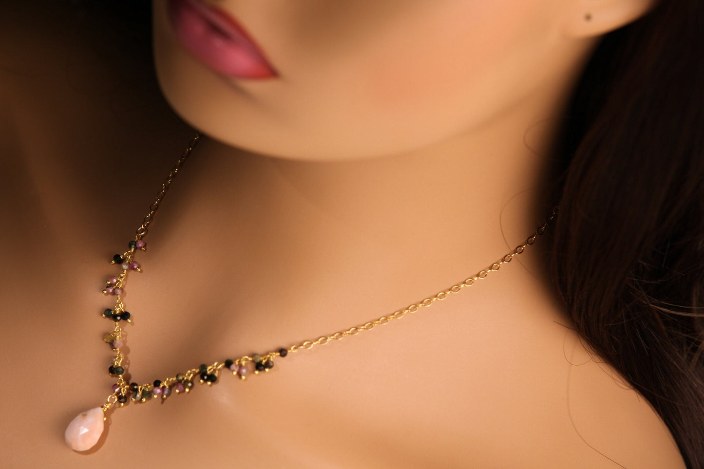 Pink Peruvian Wire Wrapped Opal Teardrop 10x14mm 14K Gold Filled Chain, Watermelon Tourmaline Cluster Chain 16" Necklace