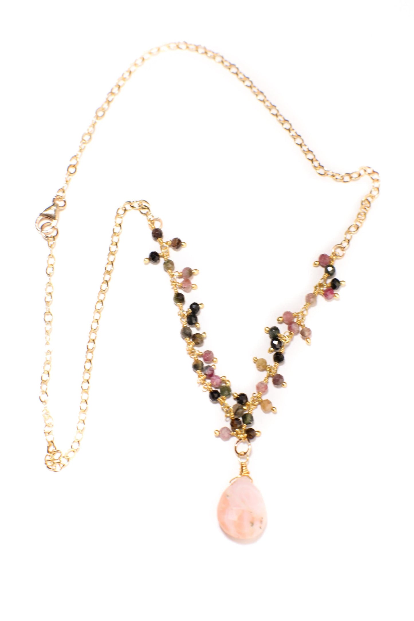 Pink Peruvian Wire Wrapped Opal Teardrop 10x14mm 14K Gold Filled Chain, Watermelon Tourmaline Cluster Chain 16" Necklace