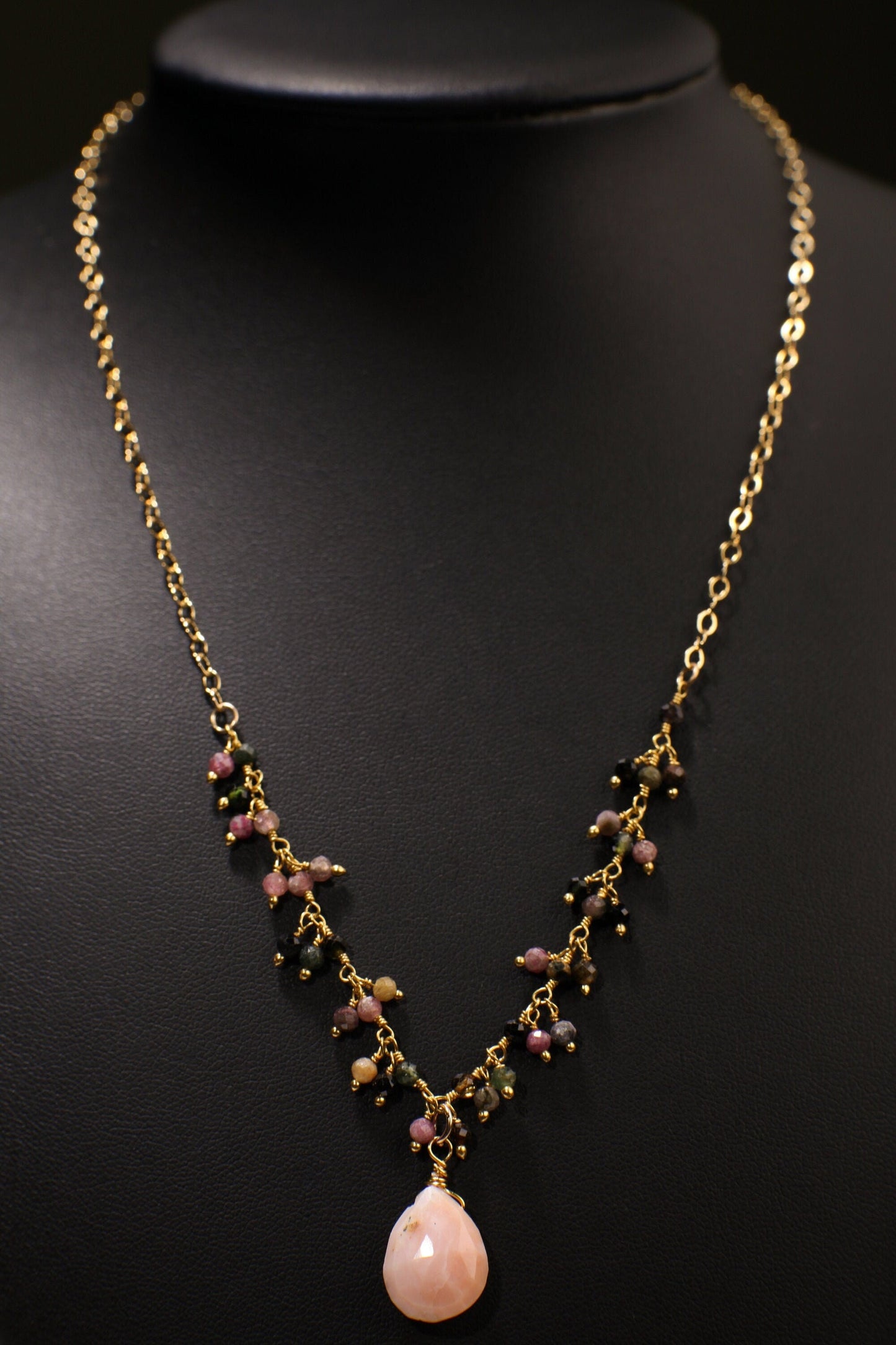 Pink Peruvian Wire Wrapped Opal Teardrop 10x14mm 14K Gold Filled Chain, Watermelon Tourmaline Cluster Chain 16" Necklace