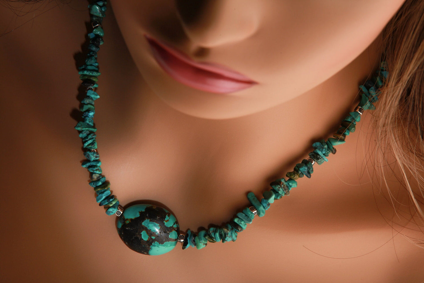 Turquoise Pendant Necklace, Natural Tibetan Turquoise Necklace with Finest Spiderweb Oval Pebble Pendant 17" Necklace, Extend up to 3"