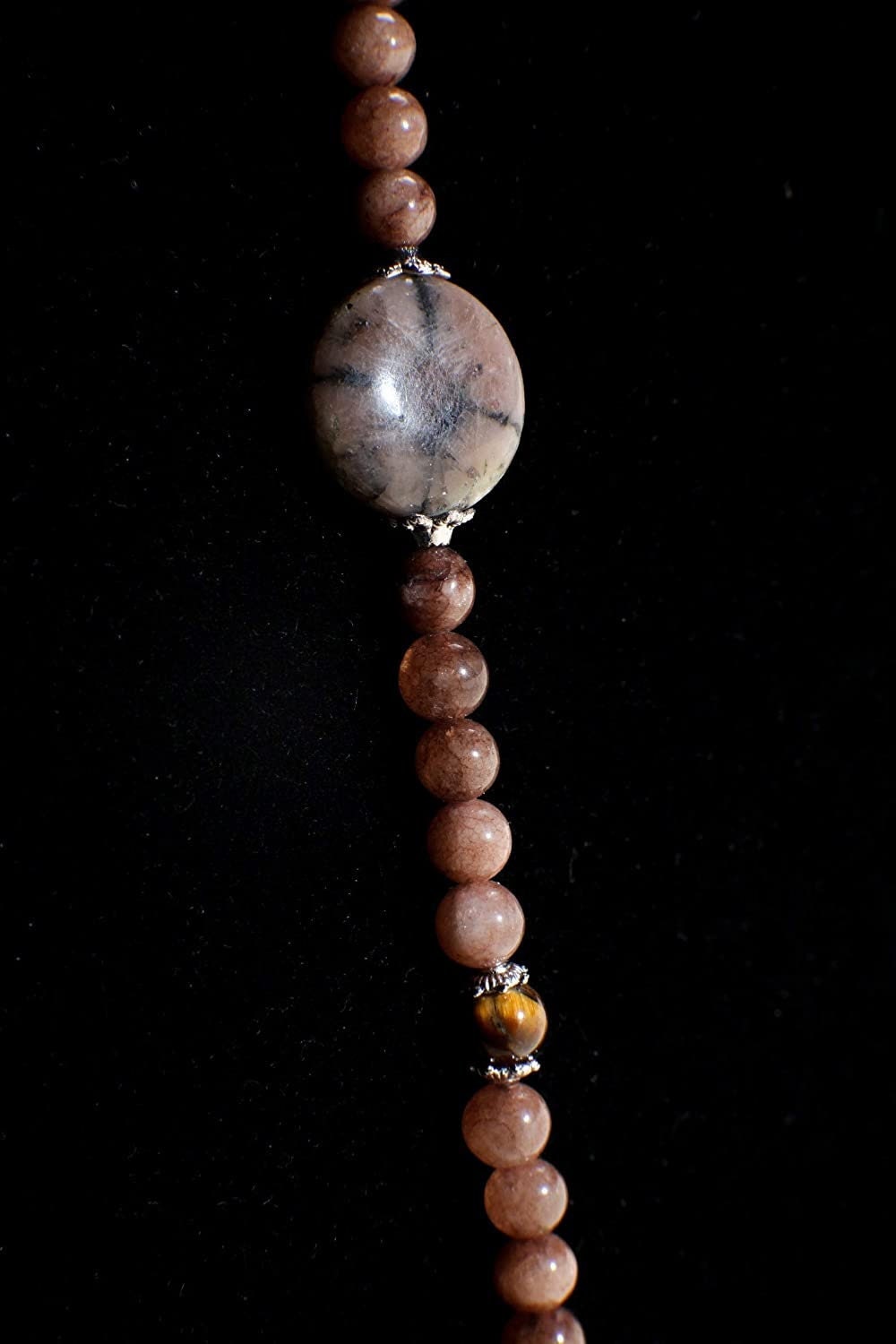 Ammonite Fossil Bezel Pendant Necklace Chiastolite Bead Spacers, Tiger Eye, Brown Jasper Round Bali Style Toggle Clasp 20" vintage Necklace