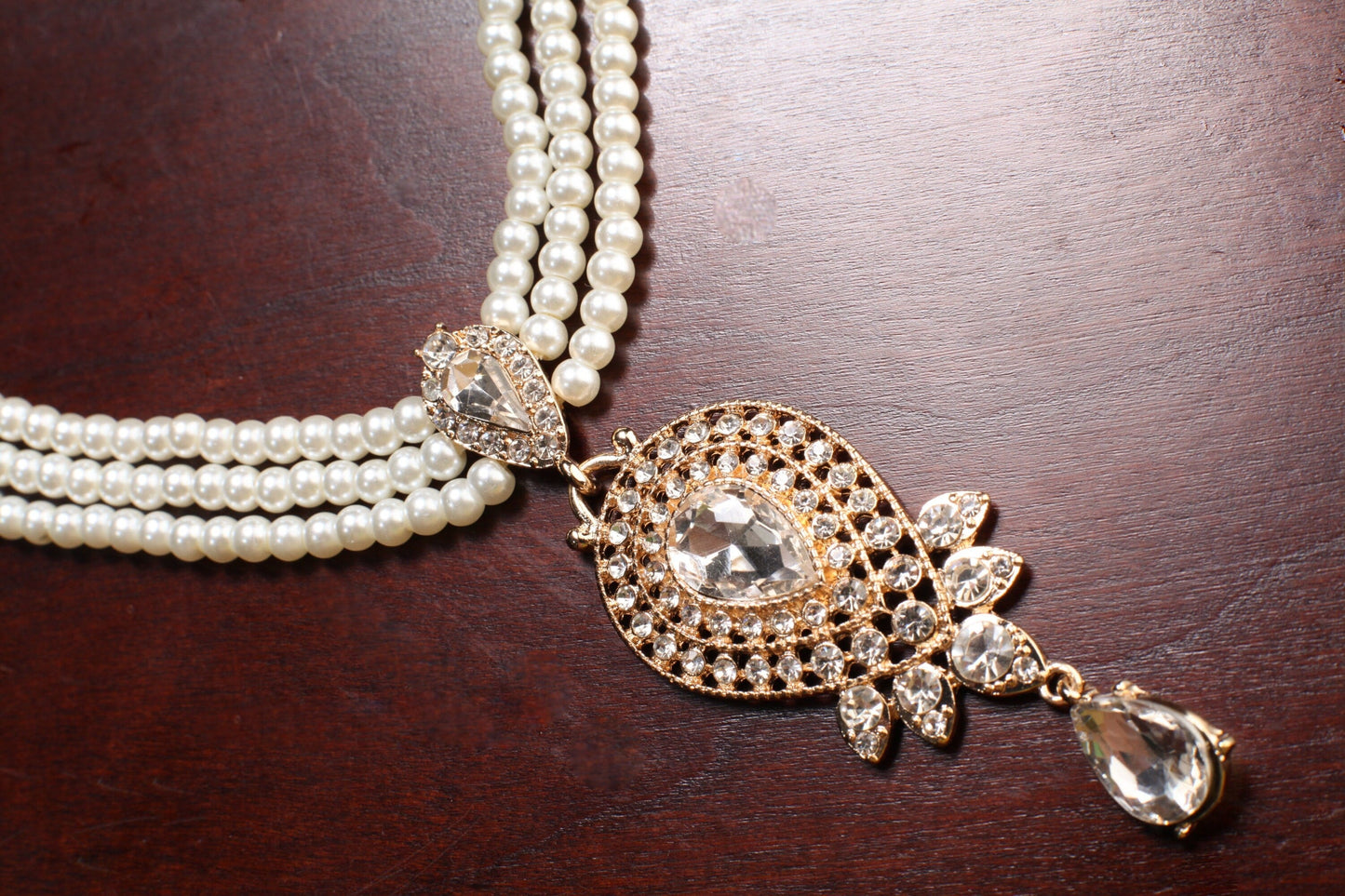 3 Line Pearl Necklace, CZ cubic. Zirconia Fancy Gold Pendant Bridal Necklace 17.5" with Extension