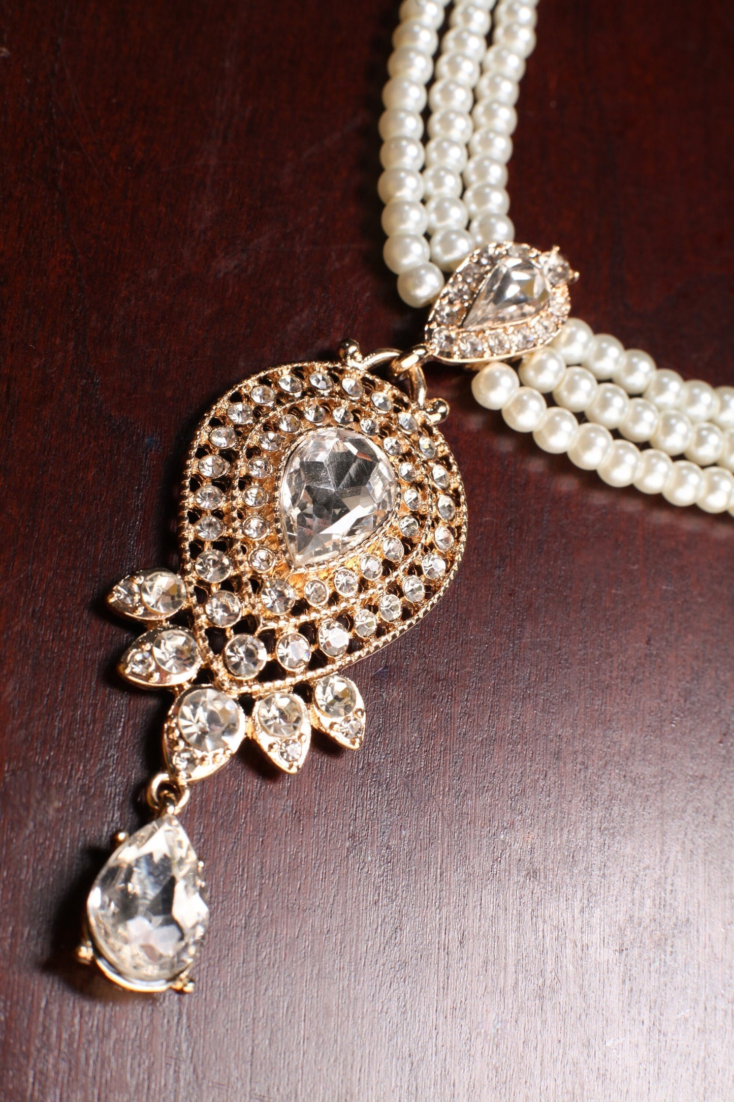3 Line Pearl Necklace, CZ cubic. Zirconia Fancy Gold Pendant Bridal Necklace 17.5" with Extension