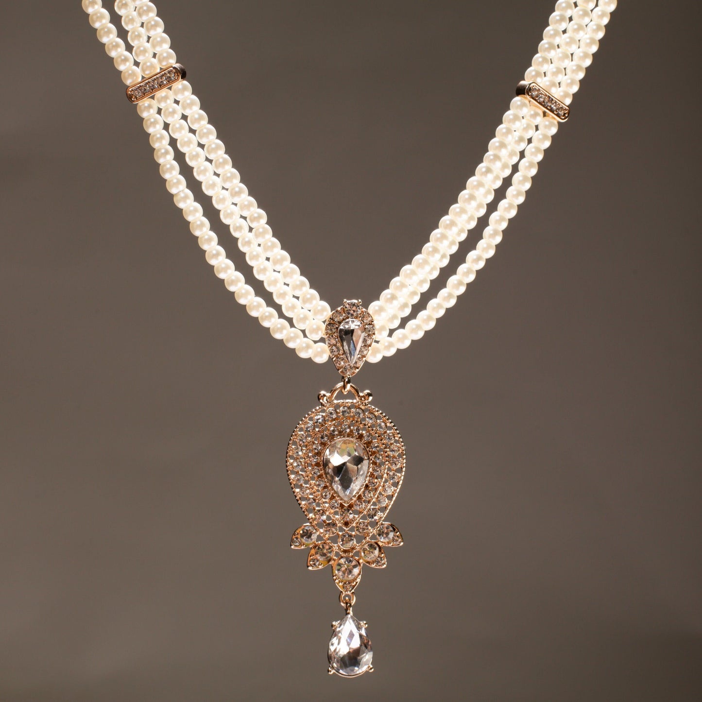 3 Line Pearl Necklace, CZ cubic. Zirconia Fancy Gold Pendant Bridal Necklace 17.5" with Extension