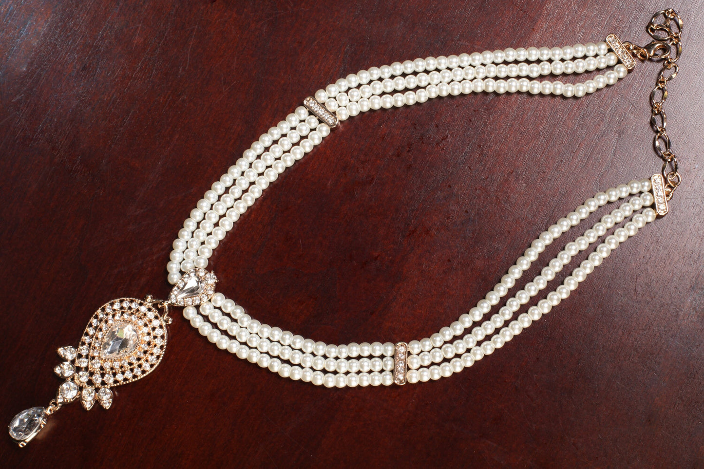 3 Line Pearl Necklace, CZ cubic. Zirconia Fancy Gold Pendant Bridal Necklace 17.5" with Extension