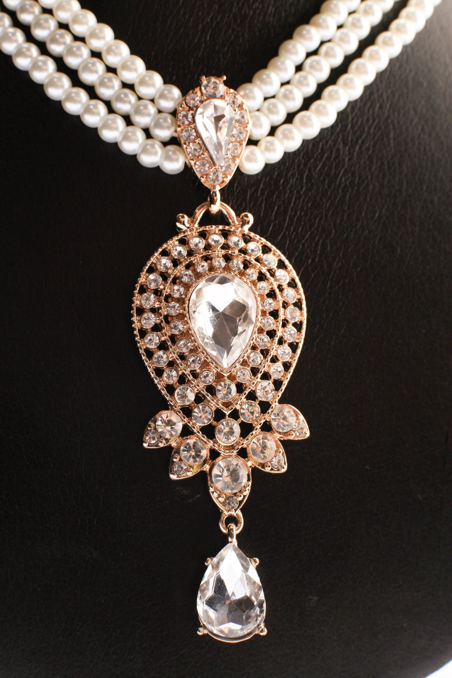 3 Line Pearl Necklace, CZ cubic. Zirconia Fancy Gold Pendant Bridal Necklace 17.5" with Extension