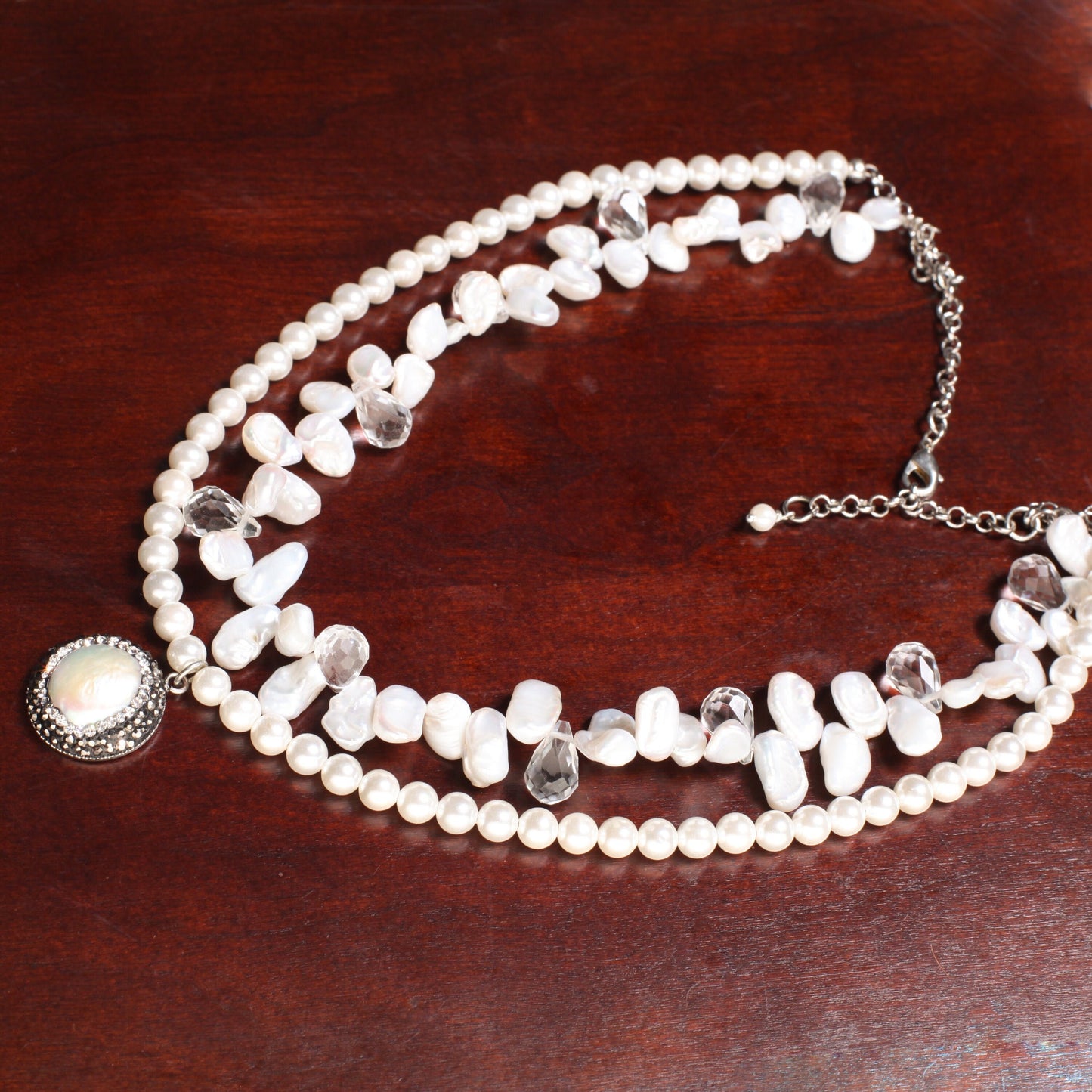 Freshwater Keshi Pearl,rock crystal drop ,21mm Crystal Pave pearl Pendant, Double LayerSouth Seashell Pearl 6mm Round, 16" + 2" Extension,