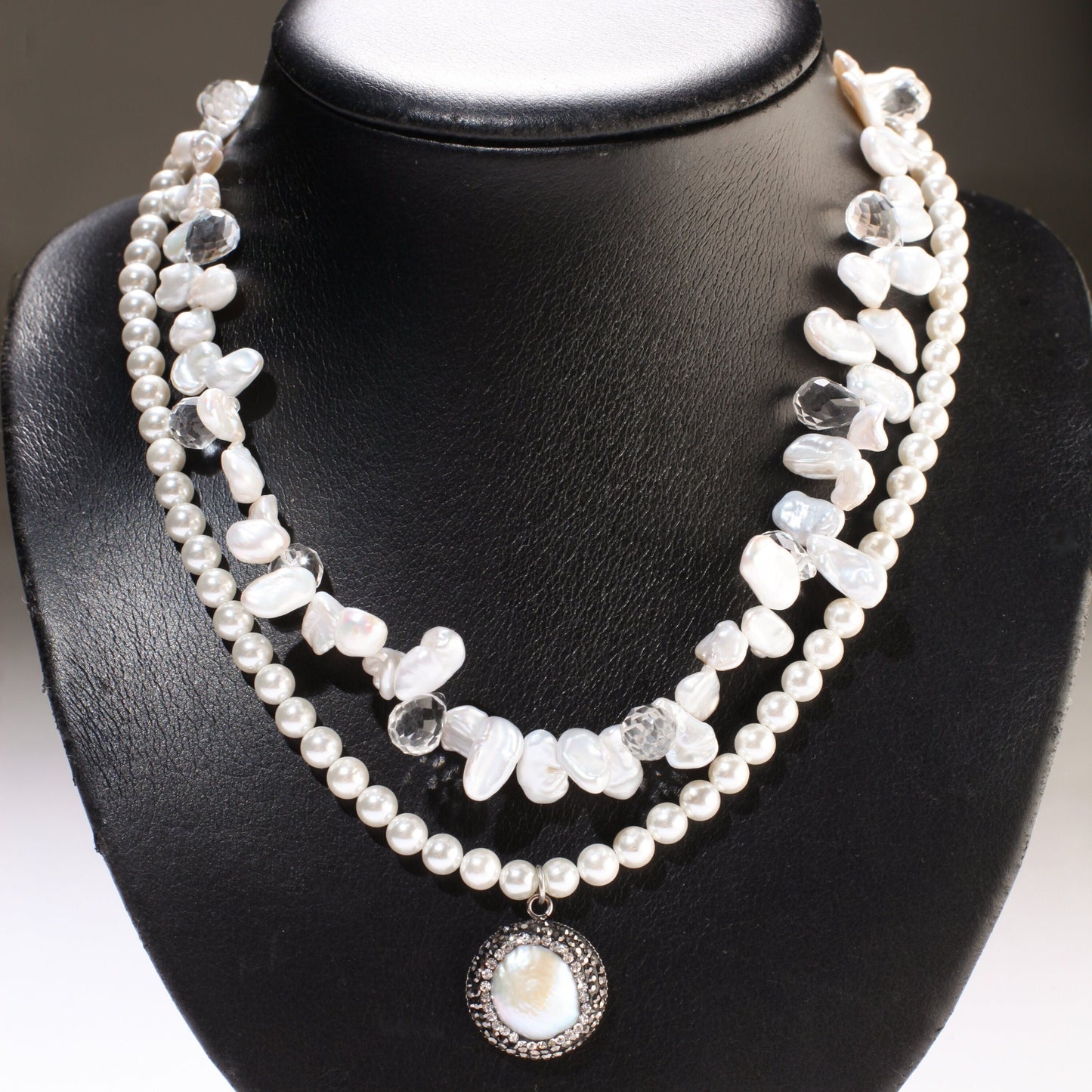 Freshwater Keshi Pearl,rock crystal drop ,21mm Crystal Pave pearl Pendant, Double LayerSouth Seashell Pearl 6mm Round, 16" + 2" Extension,