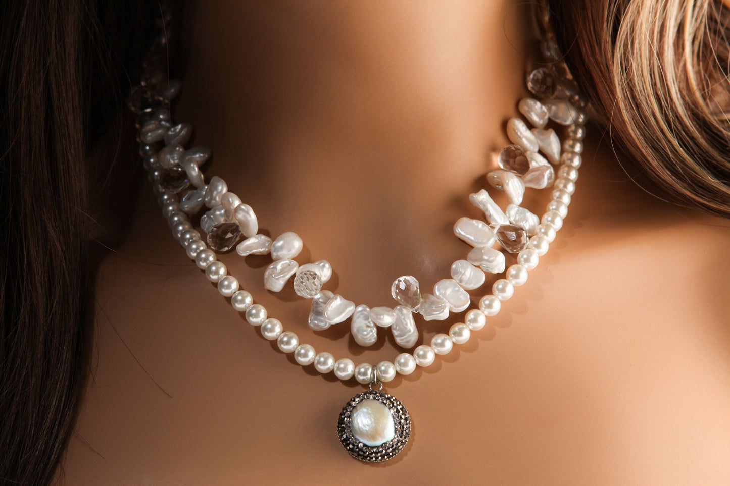 Freshwater Keshi Pearl,rock crystal drop ,21mm Crystal Pave pearl Pendant, Double LayerSouth Seashell Pearl 6mm Round, 16" + 2" Extension,