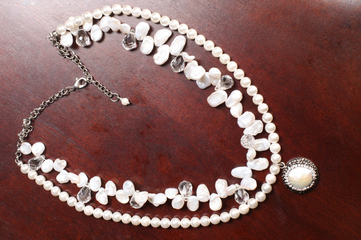 Freshwater Keshi Pearl,rock crystal drop ,21mm Crystal Pave pearl Pendant, Double LayerSouth Seashell Pearl 6mm Round, 16" + 2" Extension,