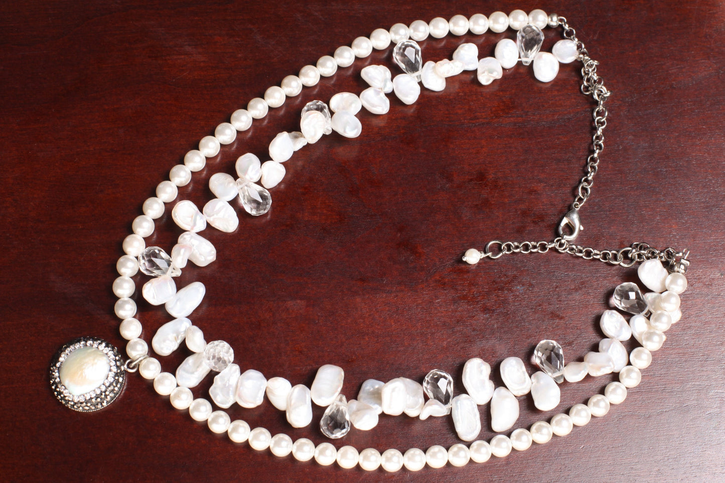 Freshwater Keshi Pearl,rock crystal drop ,21mm Crystal Pave pearl Pendant, Double LayerSouth Seashell Pearl 6mm Round, 16" + 2" Extension,