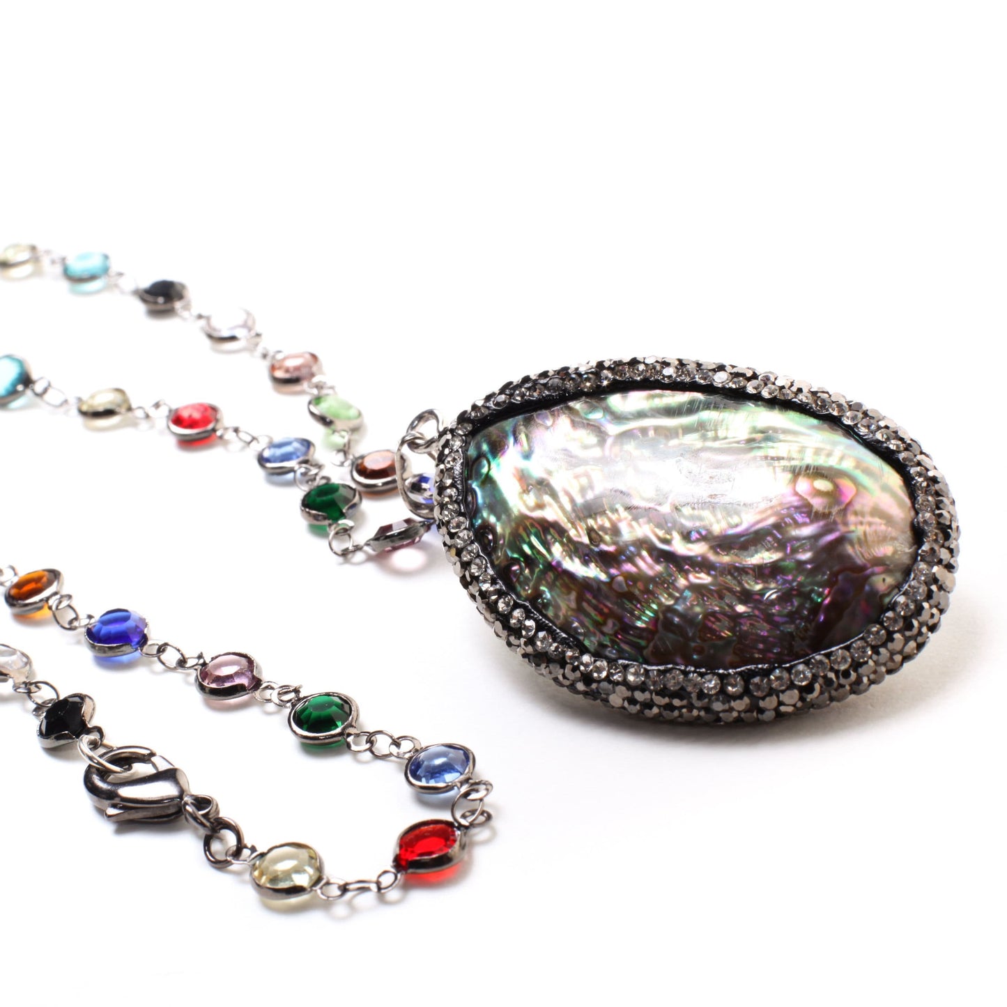 Abalone CZ Pave Marcasite Style 36x53mm Pendant Multi Crystal Quartz Beaded Bezel Chain in Oxidized Silver Chain 21" Necklace