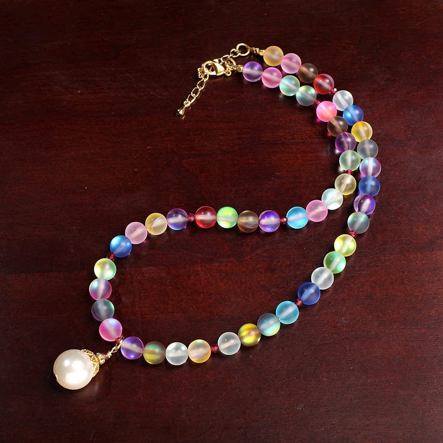 Matte multi color sea Glass, Mermaid bead ,South Sea Seashell White Pearl pendant,Red Spinel Faceted Spacers Necklace plus 2" Extension