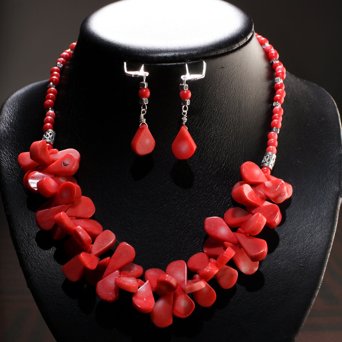 Genuine Bamboo Salmon Pink coral Pear drop, drum shape Bali style handmade necklace, Leverback earring set,17" + 4" extension, vintage gift