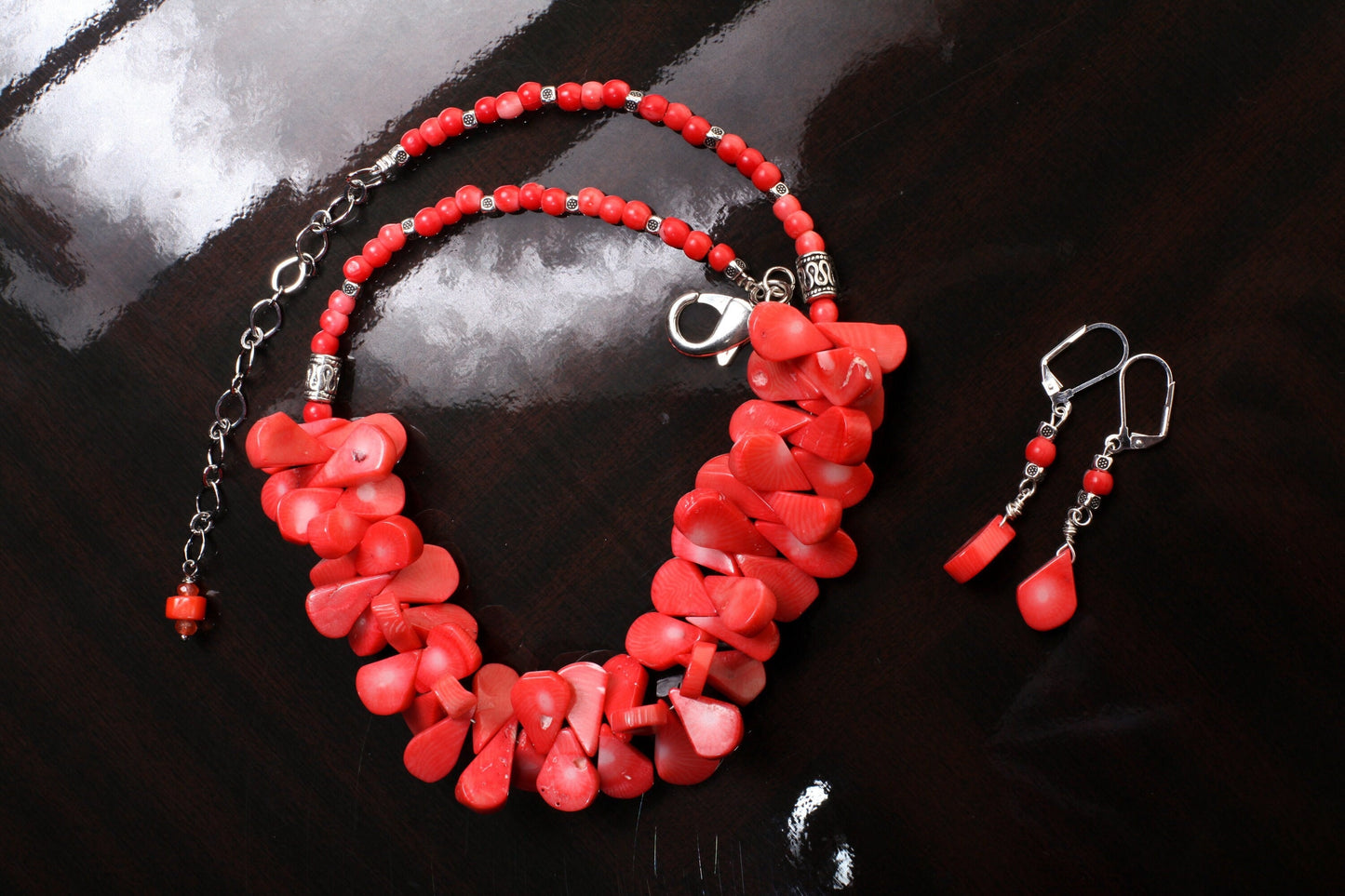 Genuine Bamboo Salmon Pink coral Pear drop, drum shape Bali style handmade necklace, Leverback earring set,17" + 4" extension, vintage gift