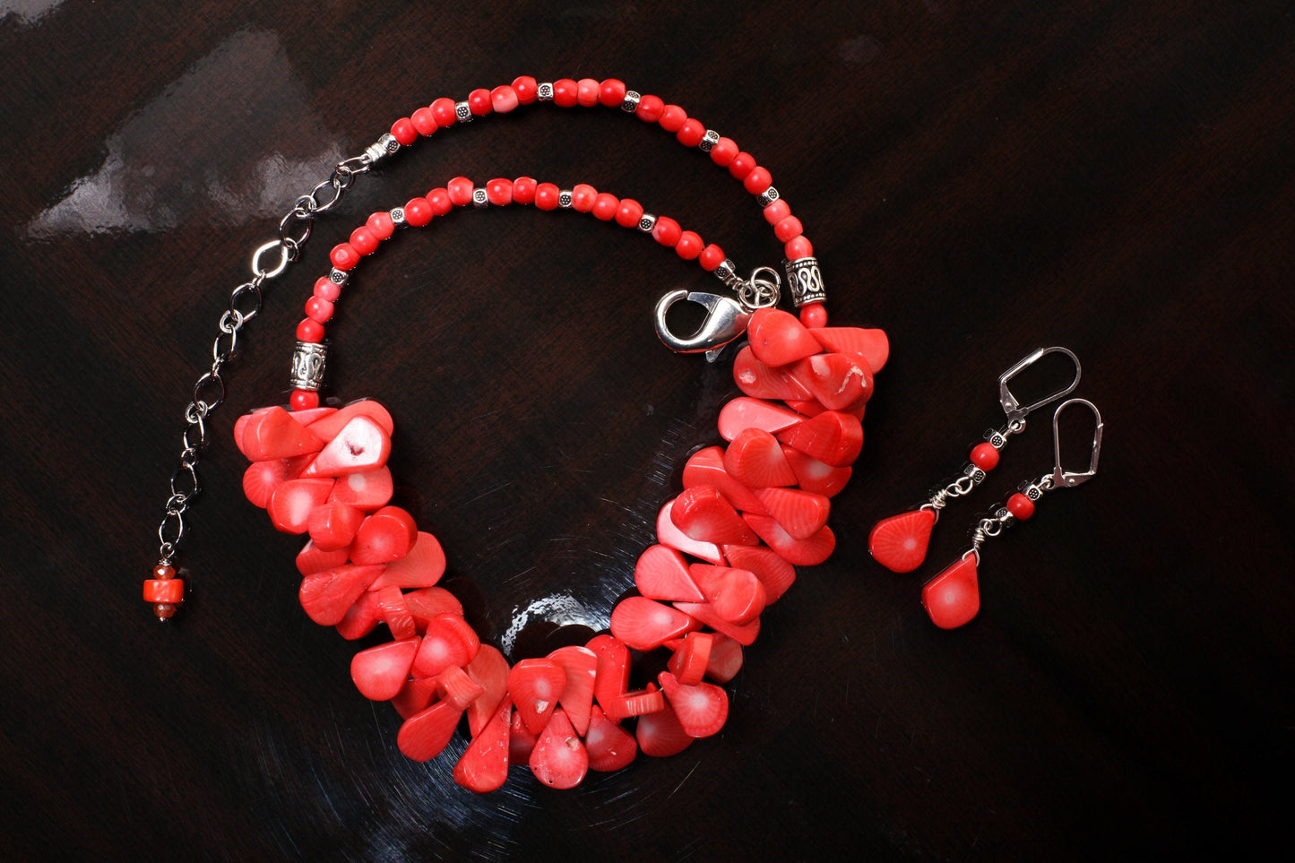 Genuine Bamboo Salmon Pink coral Pear drop, drum shape Bali style handmade necklace, Leverback earring set,17" + 4" extension, vintage gift