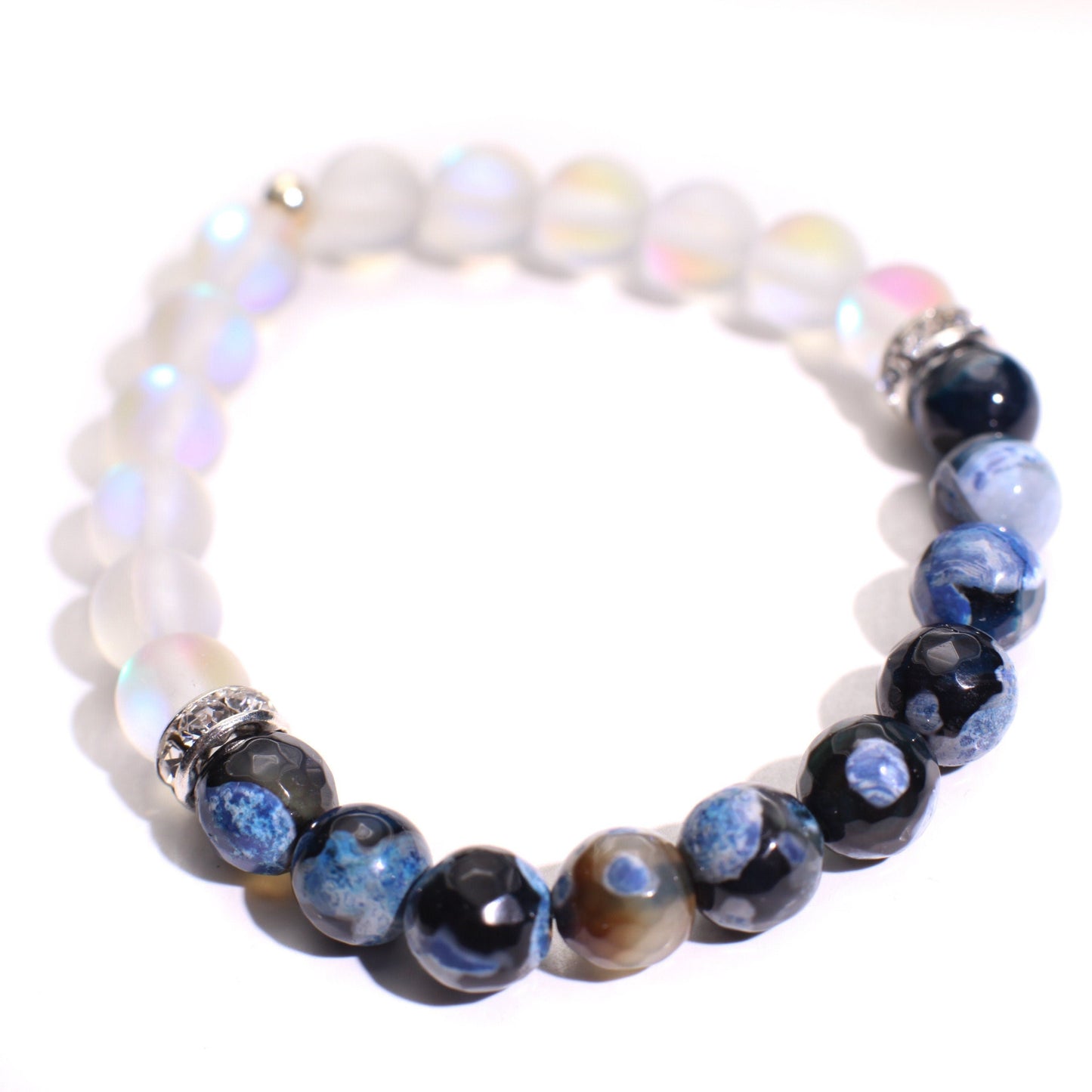 Fire Agate blue faceted 8mm polished with mermaid Sea Glass glow bead 8mm or Rhinestone Spacers Bracelet, 2 different style to choose.