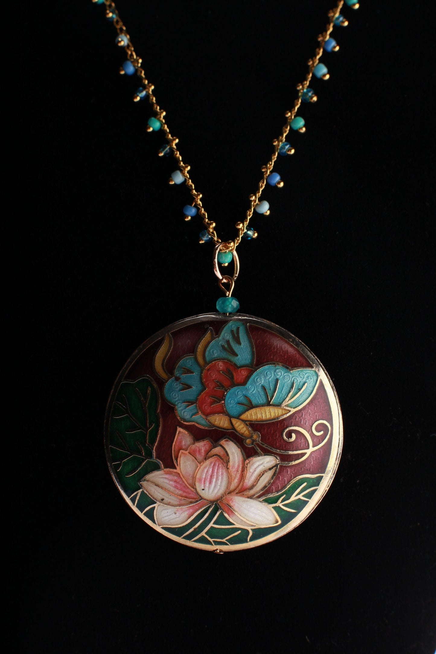 Traditional Cloisonné Pendant Double Sided Vintage Floral Flowers Pink Focal with Beaded Chain Necklace 20"