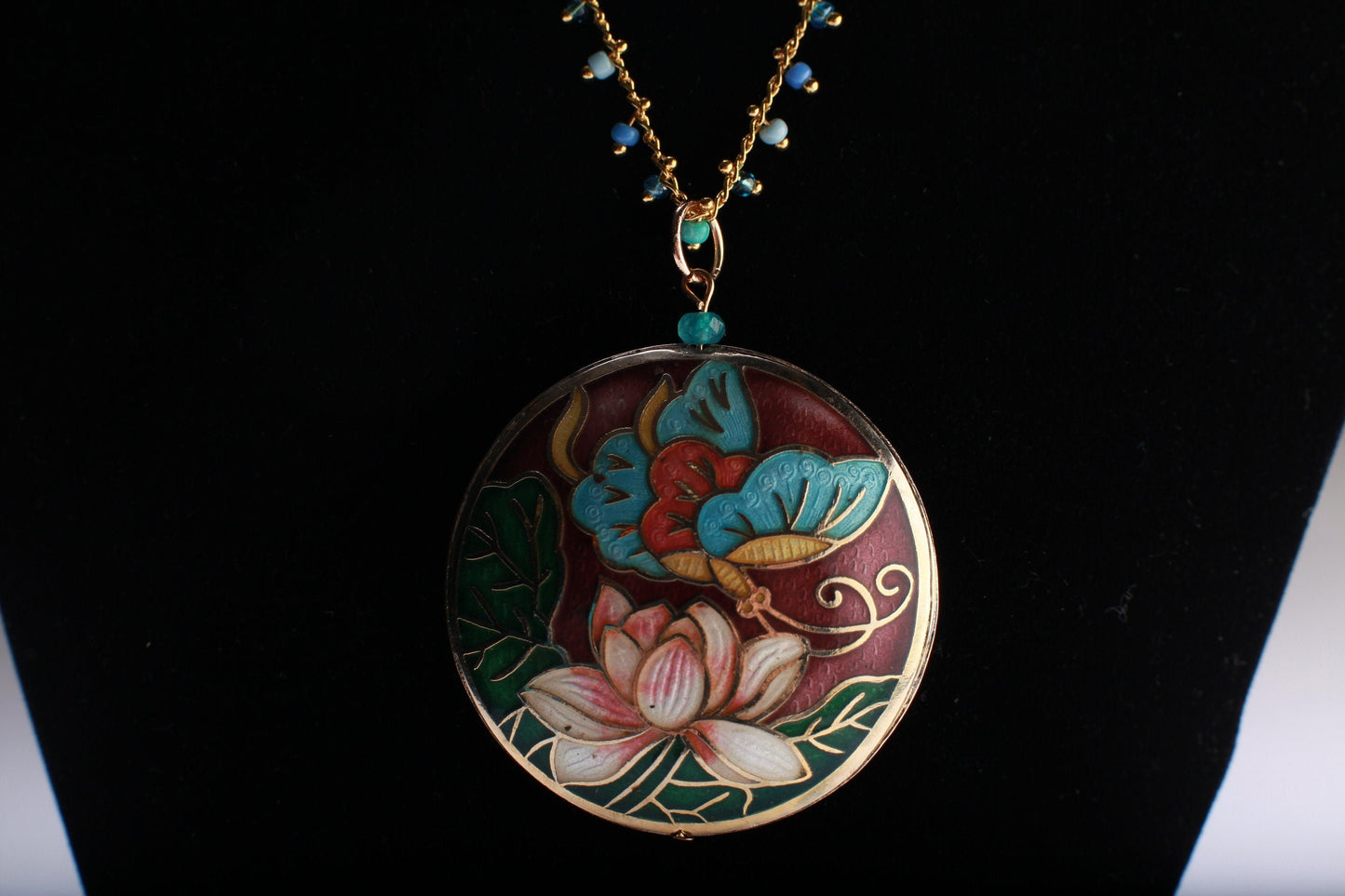 Traditional Cloisonné Pendant Double Sided Vintage Floral Flowers Pink Focal with Beaded Chain Necklace 20"