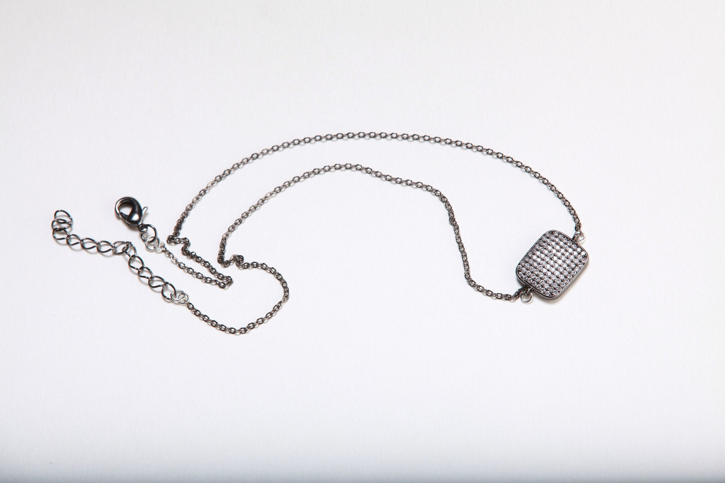Cubic Zirconia Oxidized and Diamond Micro Pave, Bling Pillow Shape Charm 16" Necklace and 2" Extension Chain