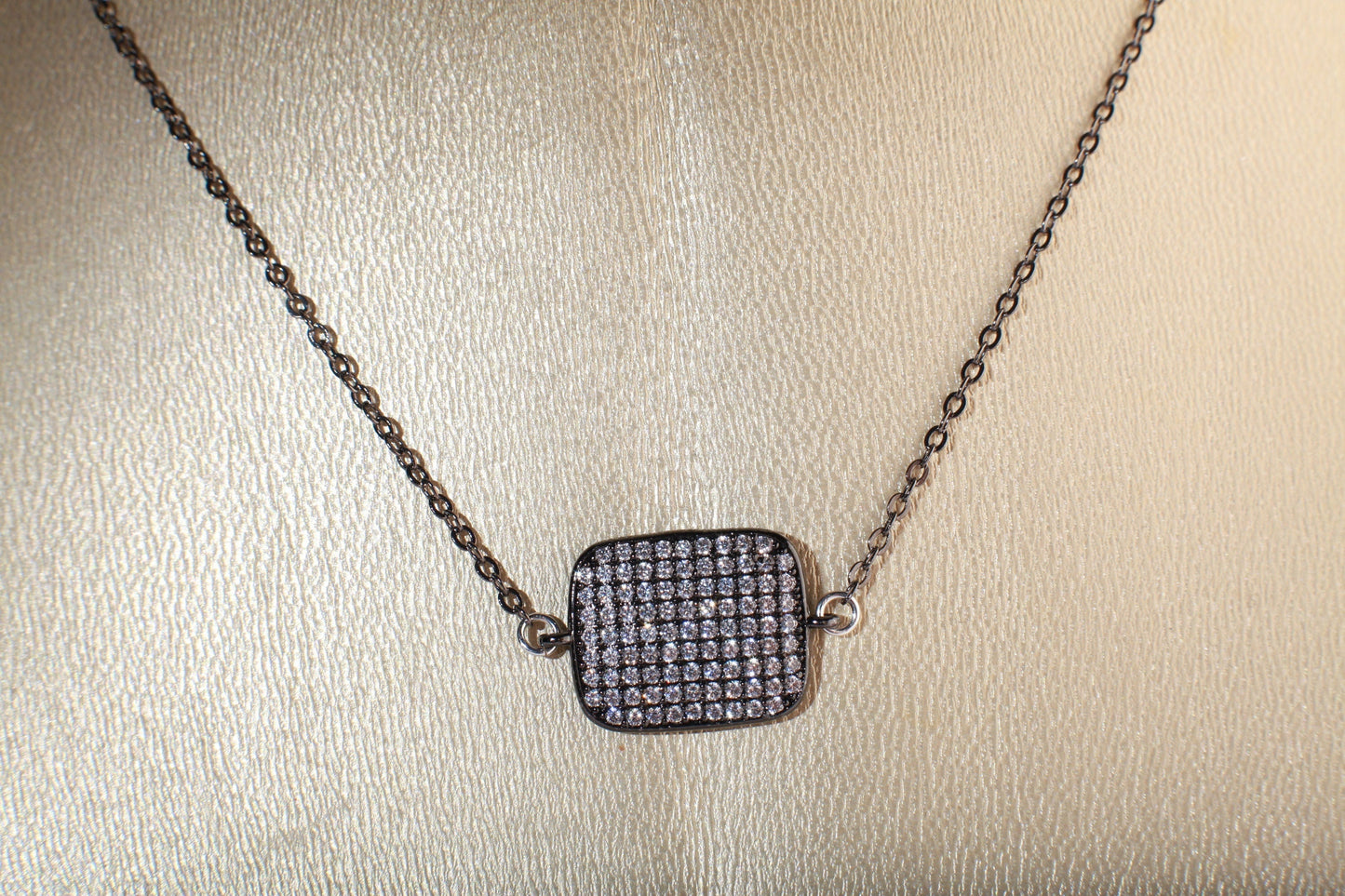 Cubic Zirconia Oxidized and Diamond Micro Pave, Bling Pillow Shape Charm 16" Necklace and 2" Extension Chain