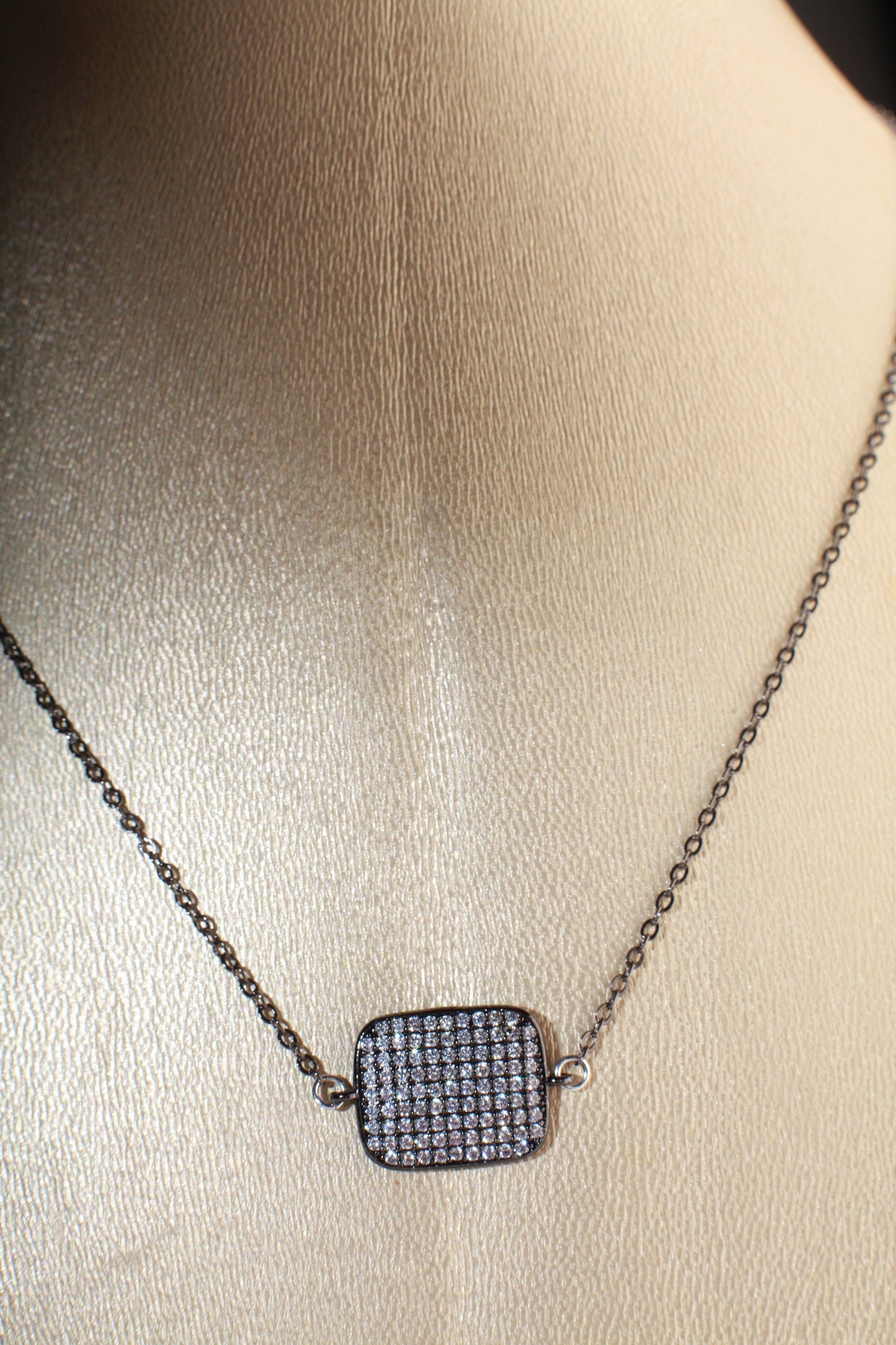 Cubic Zirconia Oxidized and Diamond Micro Pave, Bling Pillow Shape Charm 16" Necklace and 2" Extension Chain