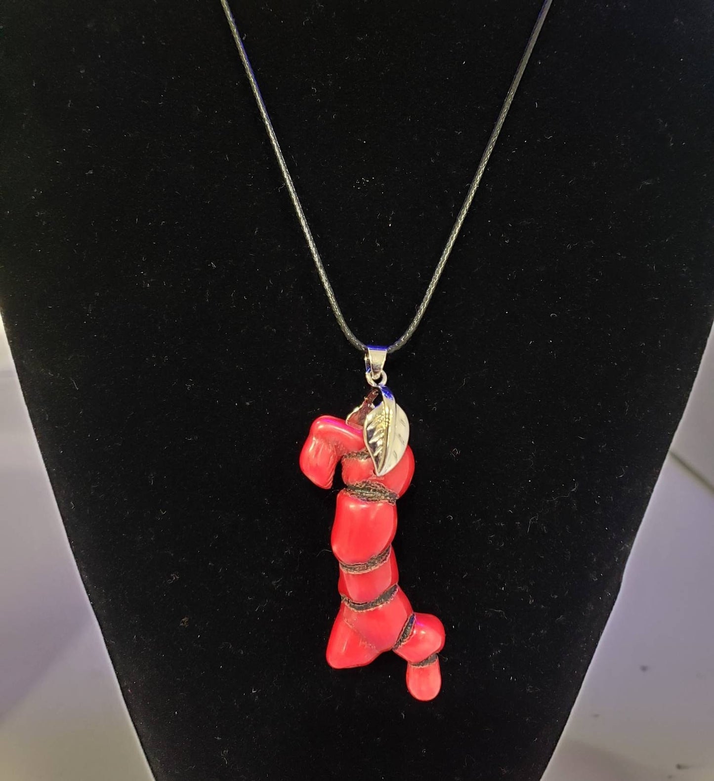 Genuine bamboo coral long stick, unique branch rhodium leaf bail pendant with black leather 18"plus 2" extension necklace. Man, woman gift.