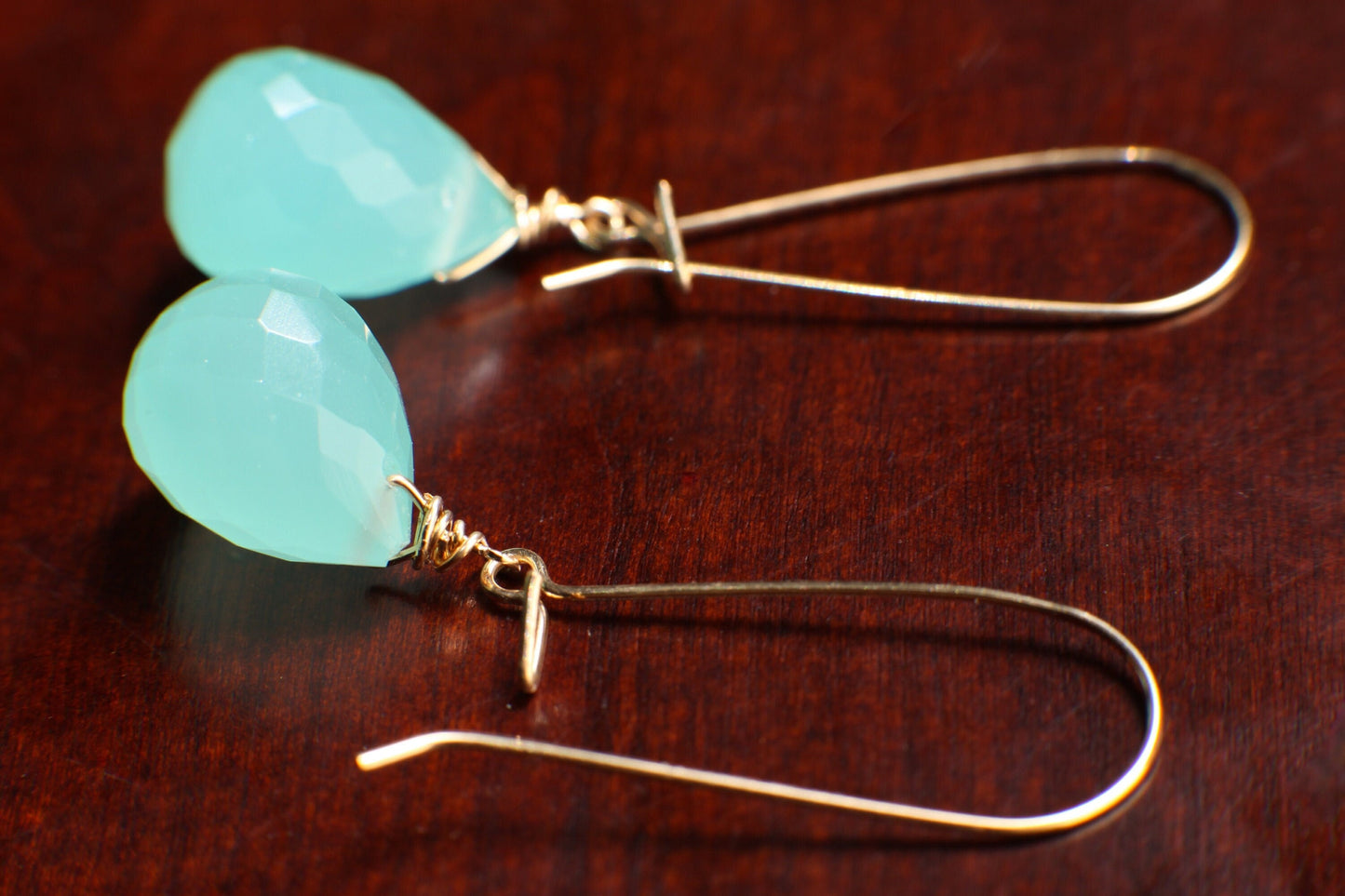 Aqua Chalcedony Faceted 11x16mm Briolette Wire Wrapped in 14K Gold Filled and 925 Sterling Silver Kidney Earwire,or Leverback Earrings gift