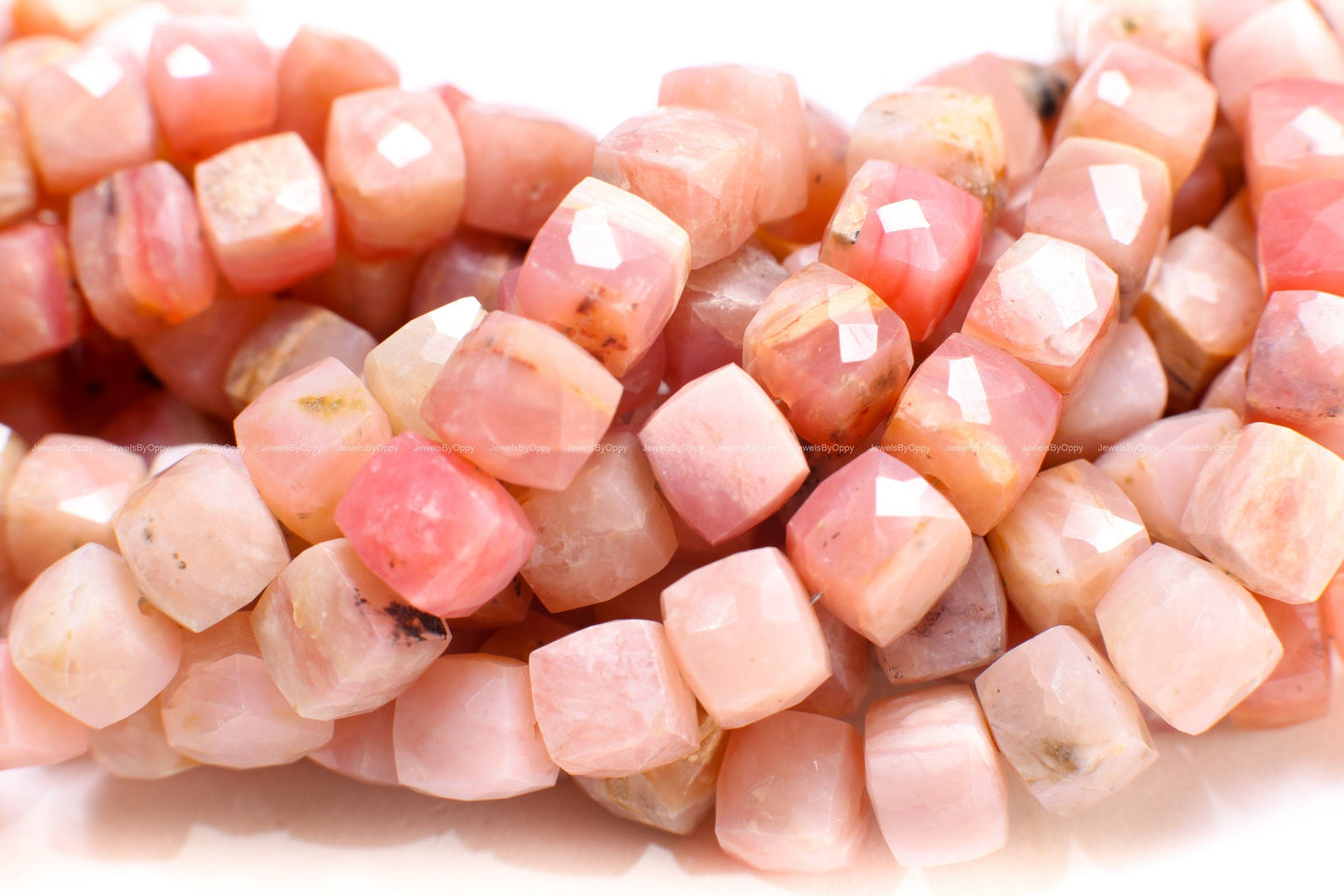 Pink Peruvian Opal 7.5-8mm Dice shape Cube Gemstone Beads, High Quality Jewelry Making Cube Beads. 8" strand