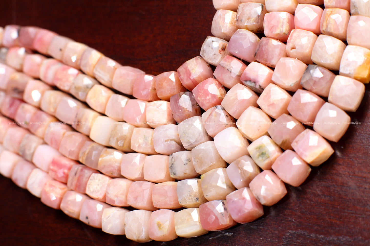 Pink Peruvian Opal 7.5-8mm Dice shape Cube Gemstone Beads, High Quality Jewelry Making Cube Beads. 8" strand