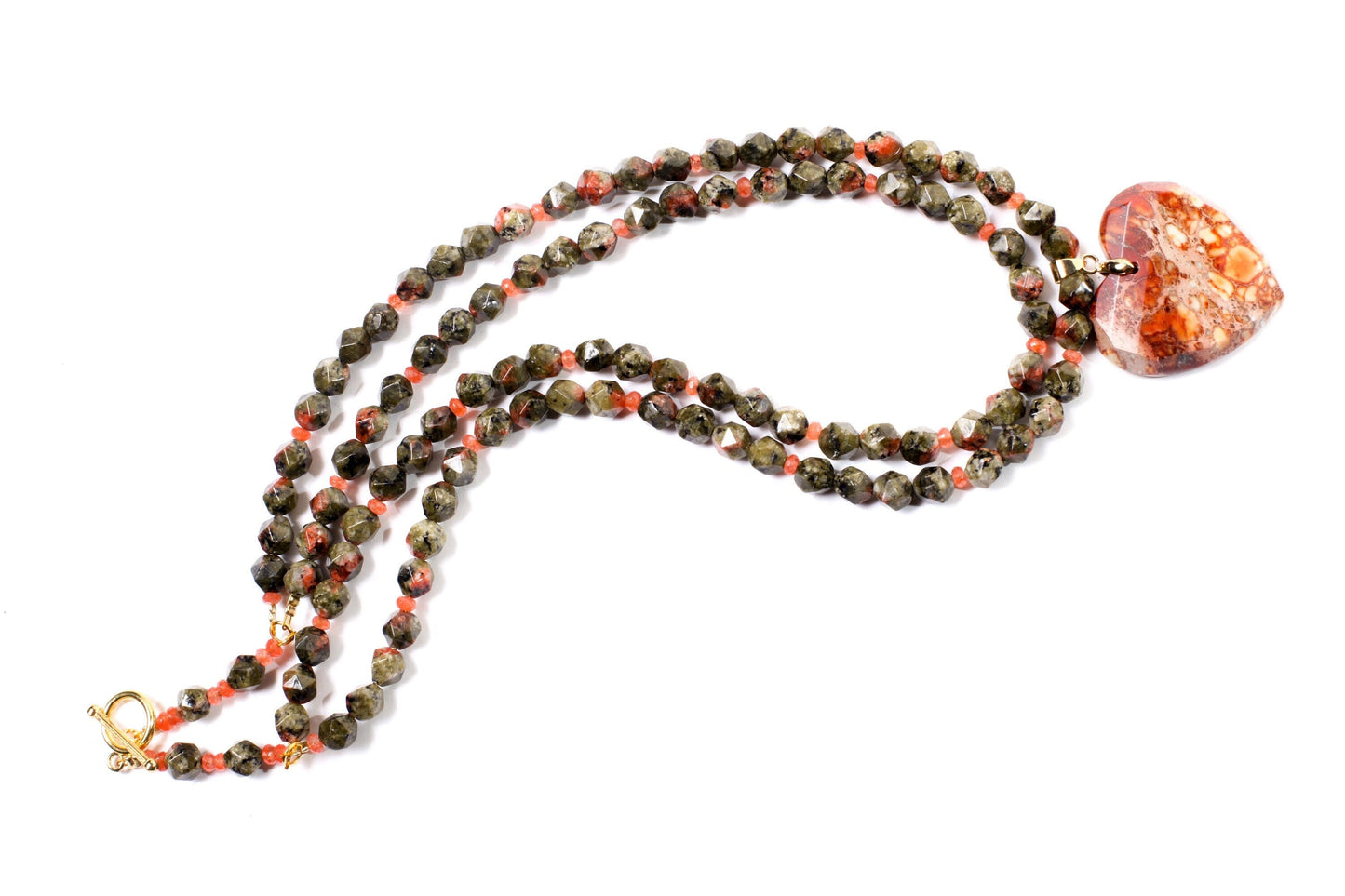 Natural Aqua Terra Jasper Faceted Heart Pendant with Unakite Jasper Octagon Faceted with Carnelian Accent Spacer Beads 2 Line 21" Necklace