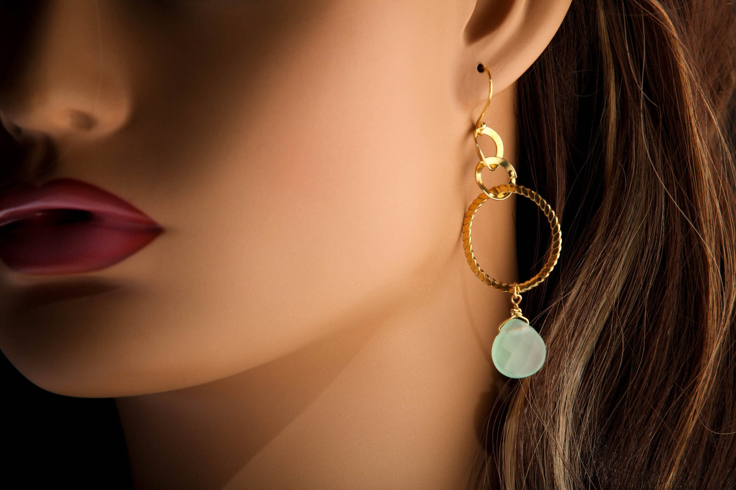 Aqua Chalcedony Faceted heart Drop Wire Wrapped Dangling with Hammered 18k Gold vermeil 925 Sterling Silver Hoop Earrings valentines gift