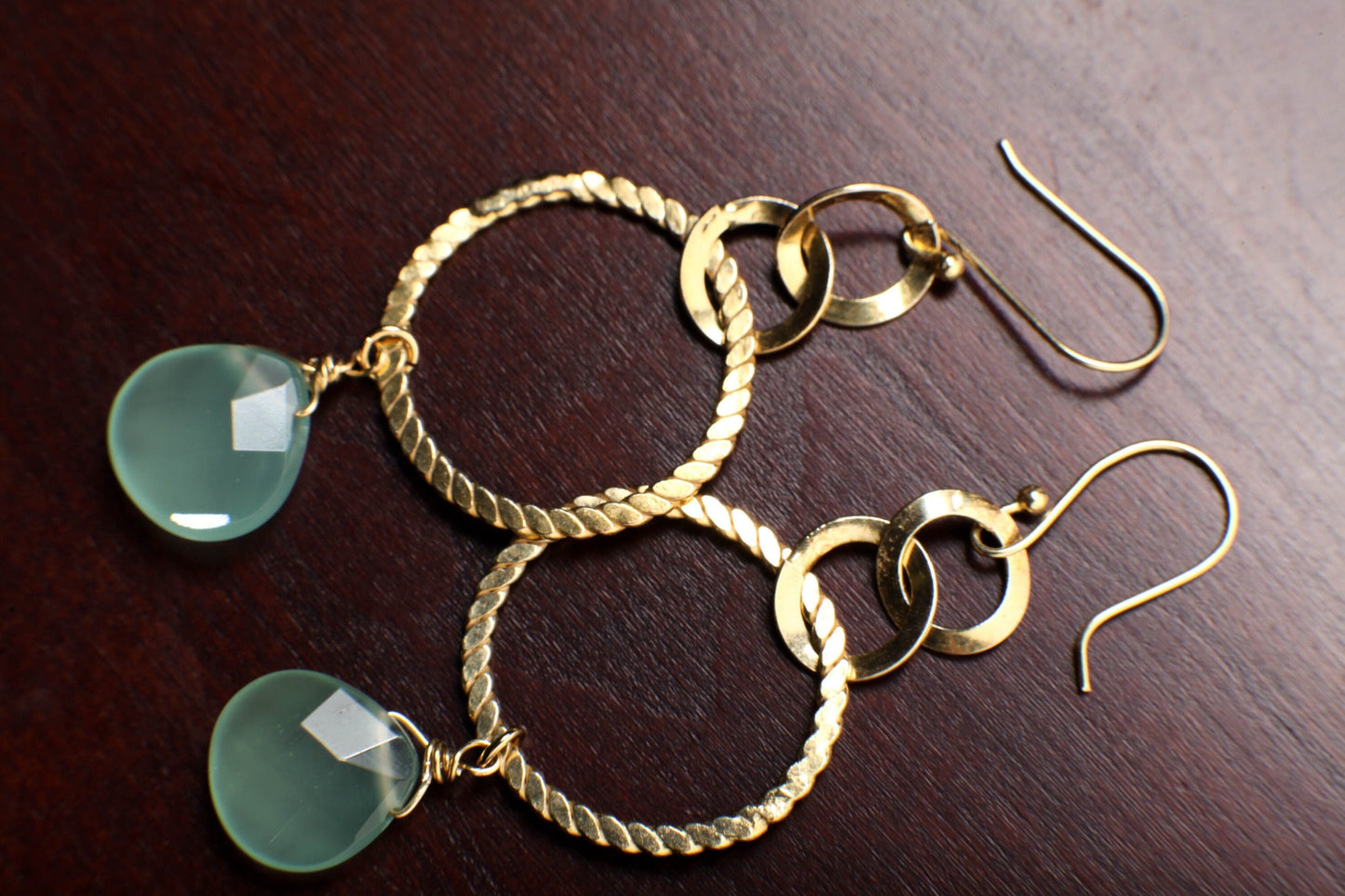 Aqua Chalcedony Faceted heart Drop Wire Wrapped Dangling with Hammered 18k Gold vermeil 925 Sterling Silver Hoop Earrings valentines gift