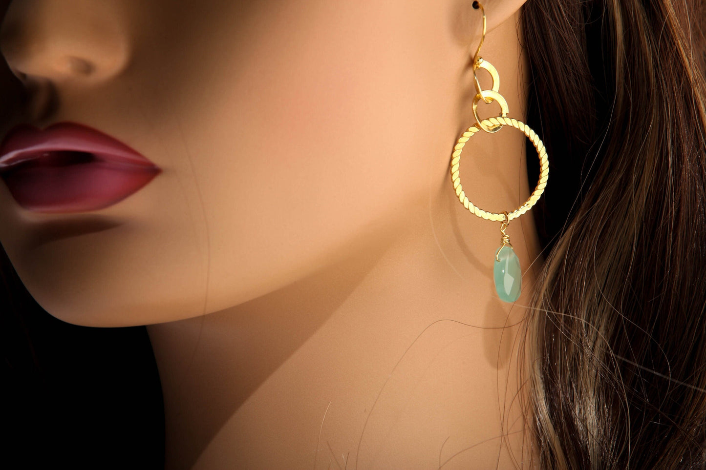 Aqua Chalcedony Faceted heart Drop Wire Wrapped Dangling with Hammered 18k Gold vermeil 925 Sterling Silver Hoop Earrings valentines gift