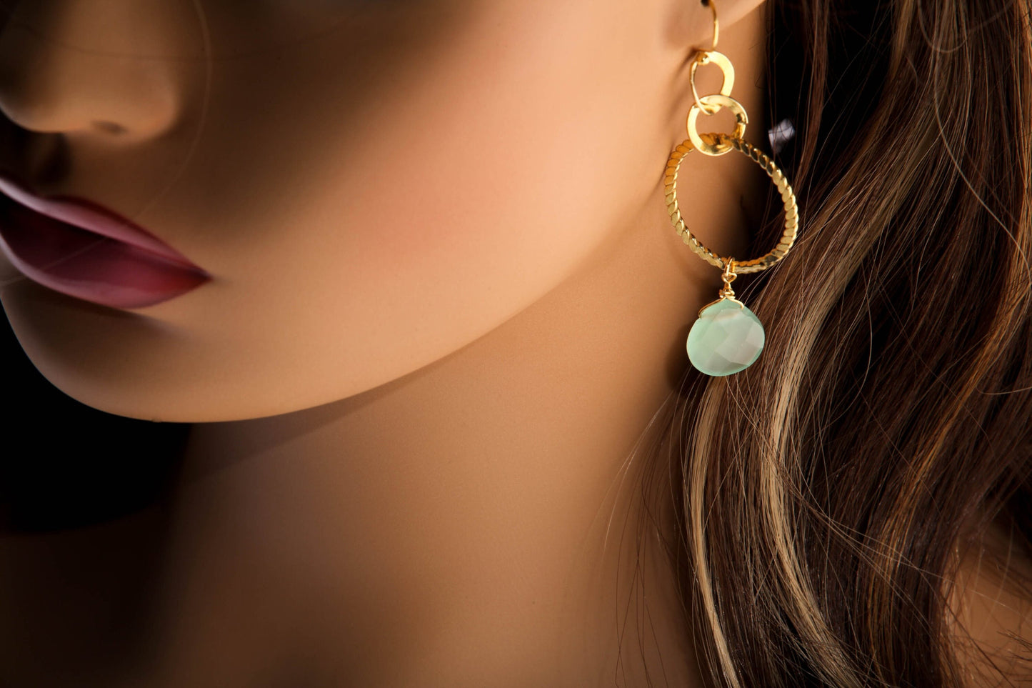 Aqua Chalcedony Faceted heart Drop Wire Wrapped Dangling with Hammered 18k Gold vermeil 925 Sterling Silver Hoop Earrings valentines gift